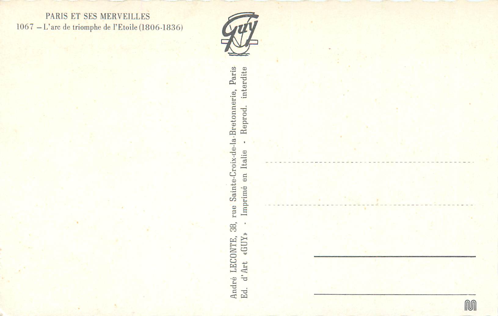 Arc de Triomphe de l'Étoile — Paris — Éd. GUY, n° 1067 — Verso