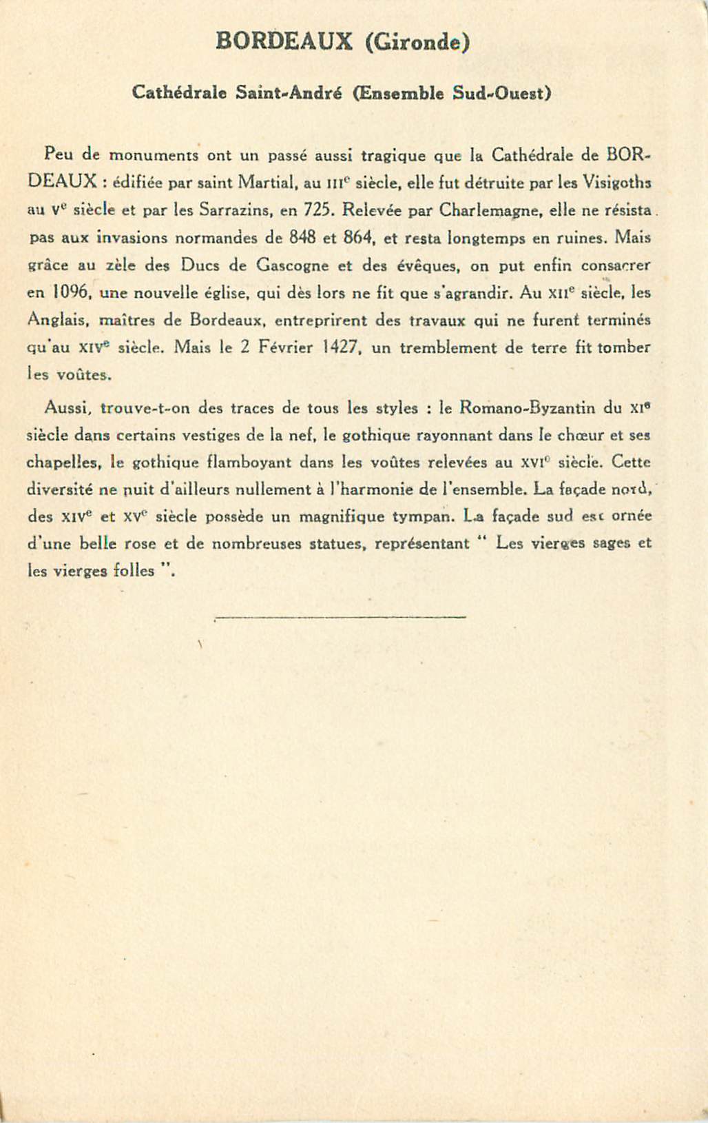 CPA Bordeaux (gironde) cathedrale saint andre(ensemble sud ouest et tour pey berland) — Verso