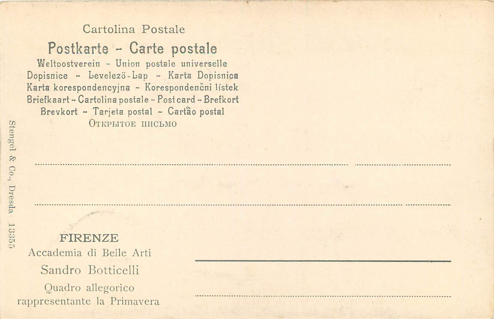 CPA Firenze accademia di belle arti sandro botticelli — Verso
