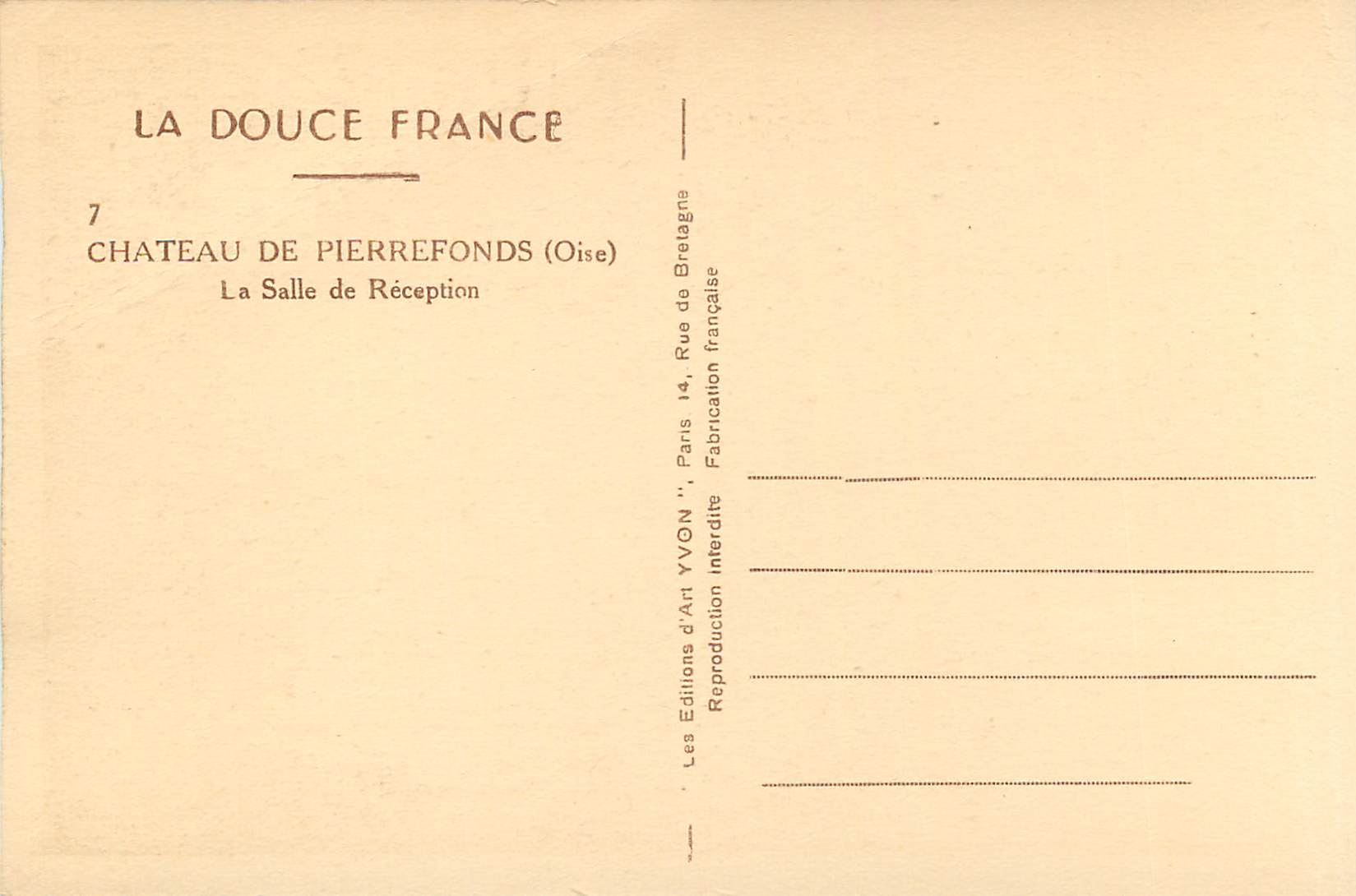 Château de Pierrefonds (Oise) — La Salle de Réception — Éditions d'Art Yvon, Paris — Verso