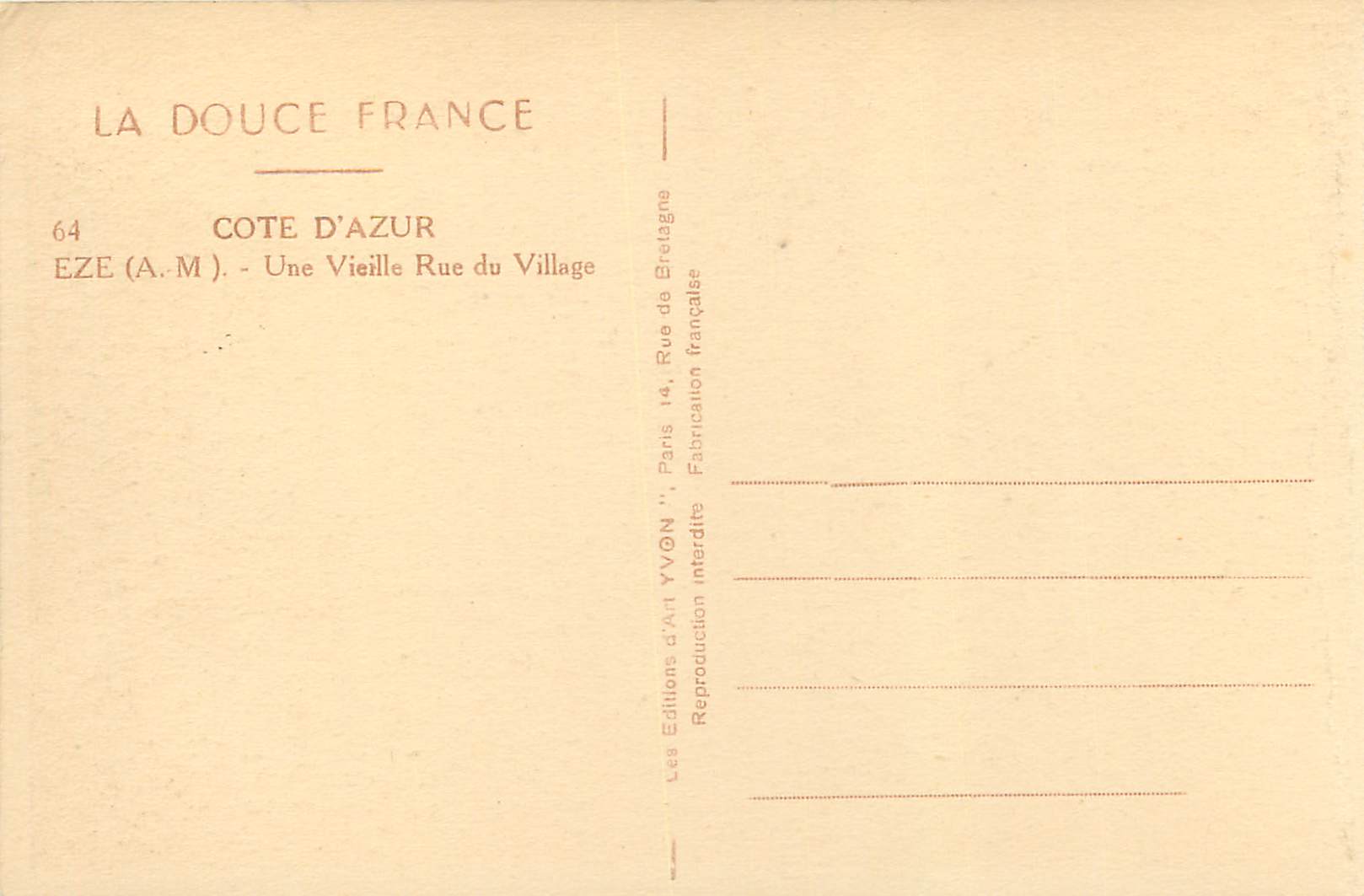 CPA La douce france 176 cote d azur eze(a m) une vieille rue du village — Verso