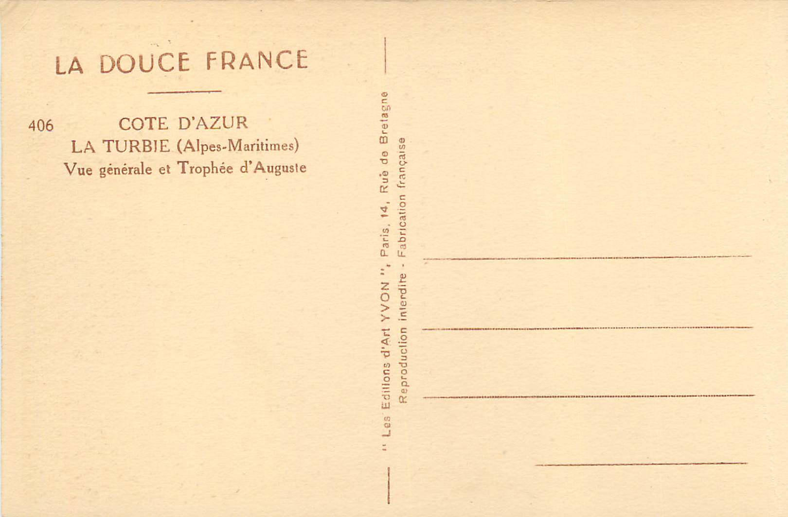 CPA La douce france 406 cote d azur la turbie(alpes maritimes) vue generale et trophee d auguste — Rückseite