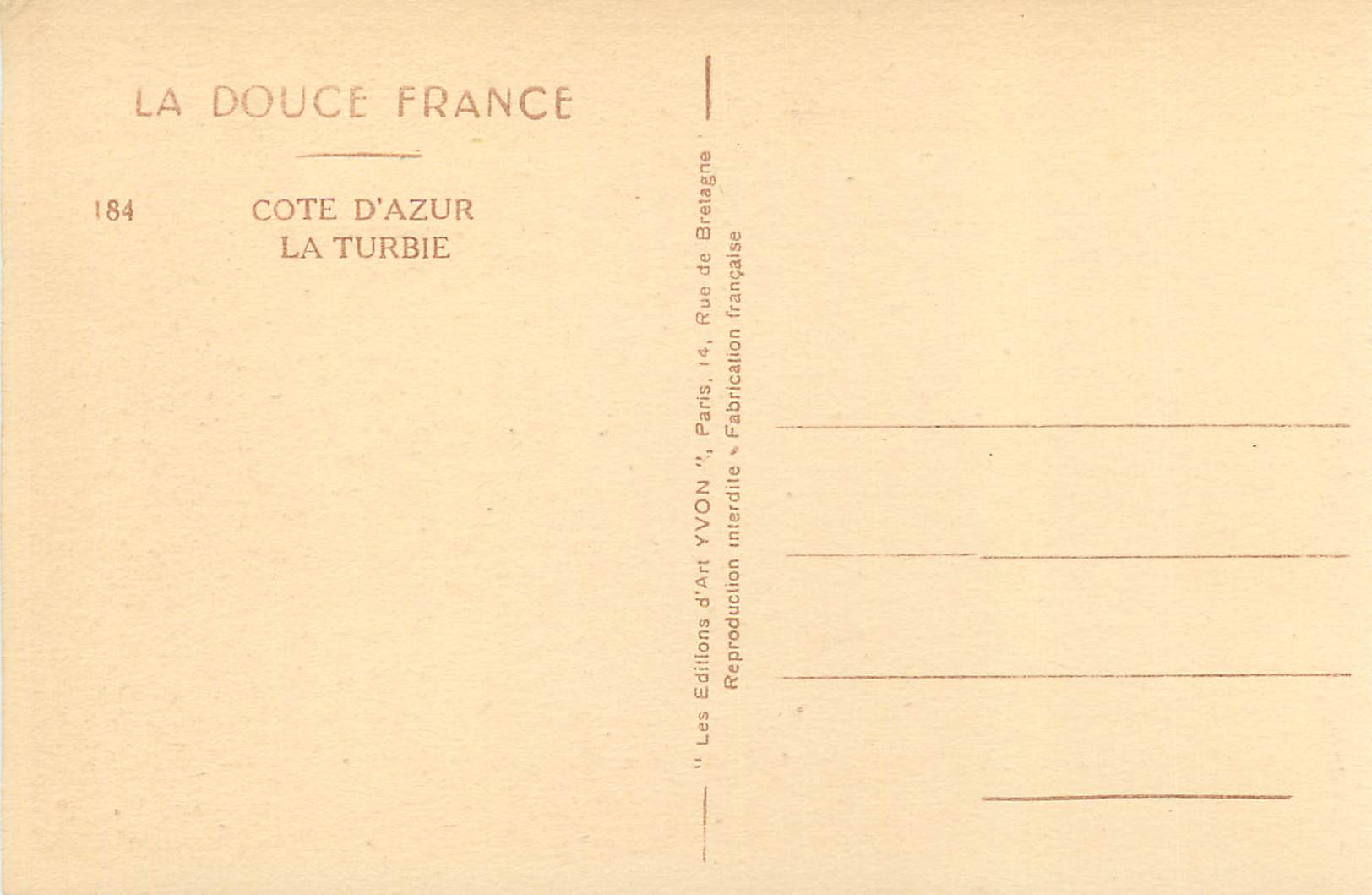 CPA La douce france 176 cote d azur la turbie — Verso
