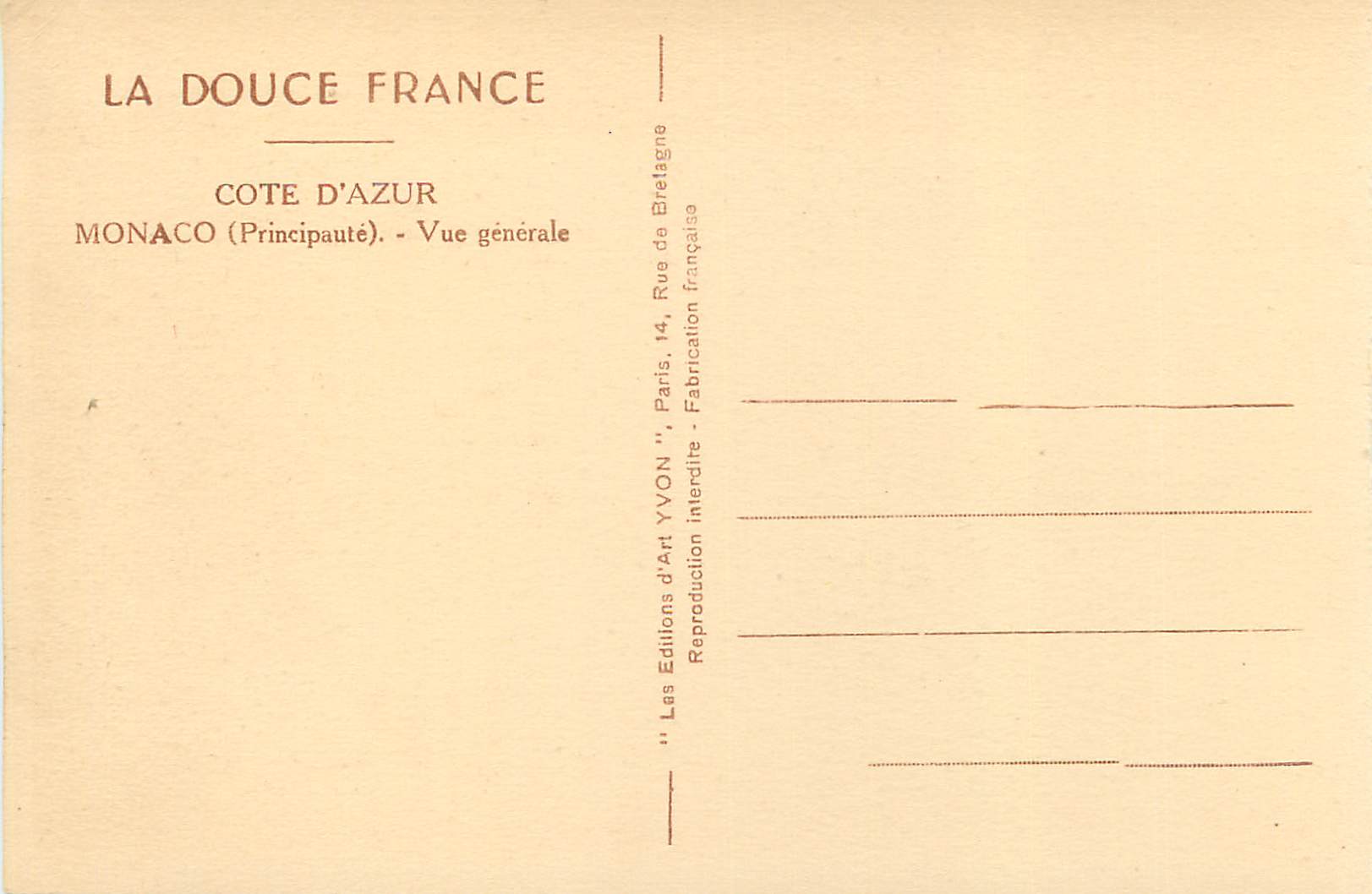 CPA La douce france 176 cote d azur monaco (principaute) vue principale — Rückseite
