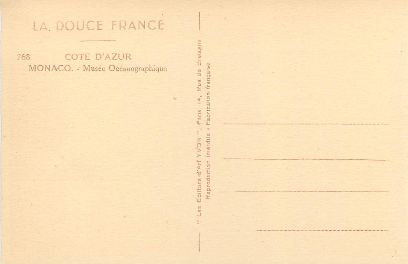 CPA La douce france 176 cote d azur monaco musee oceanographique — Verso