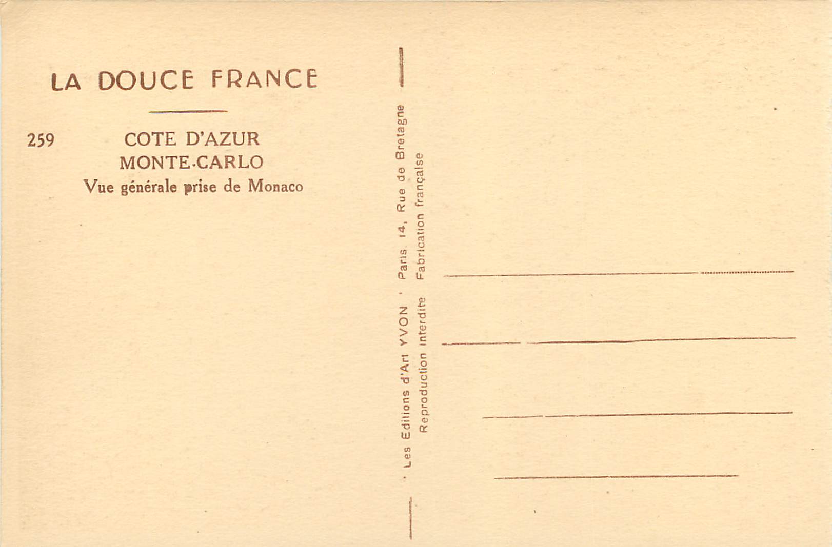 CPA La douce france 259 cote d azur monte carlo vue generale prise de monaco — Rückseite