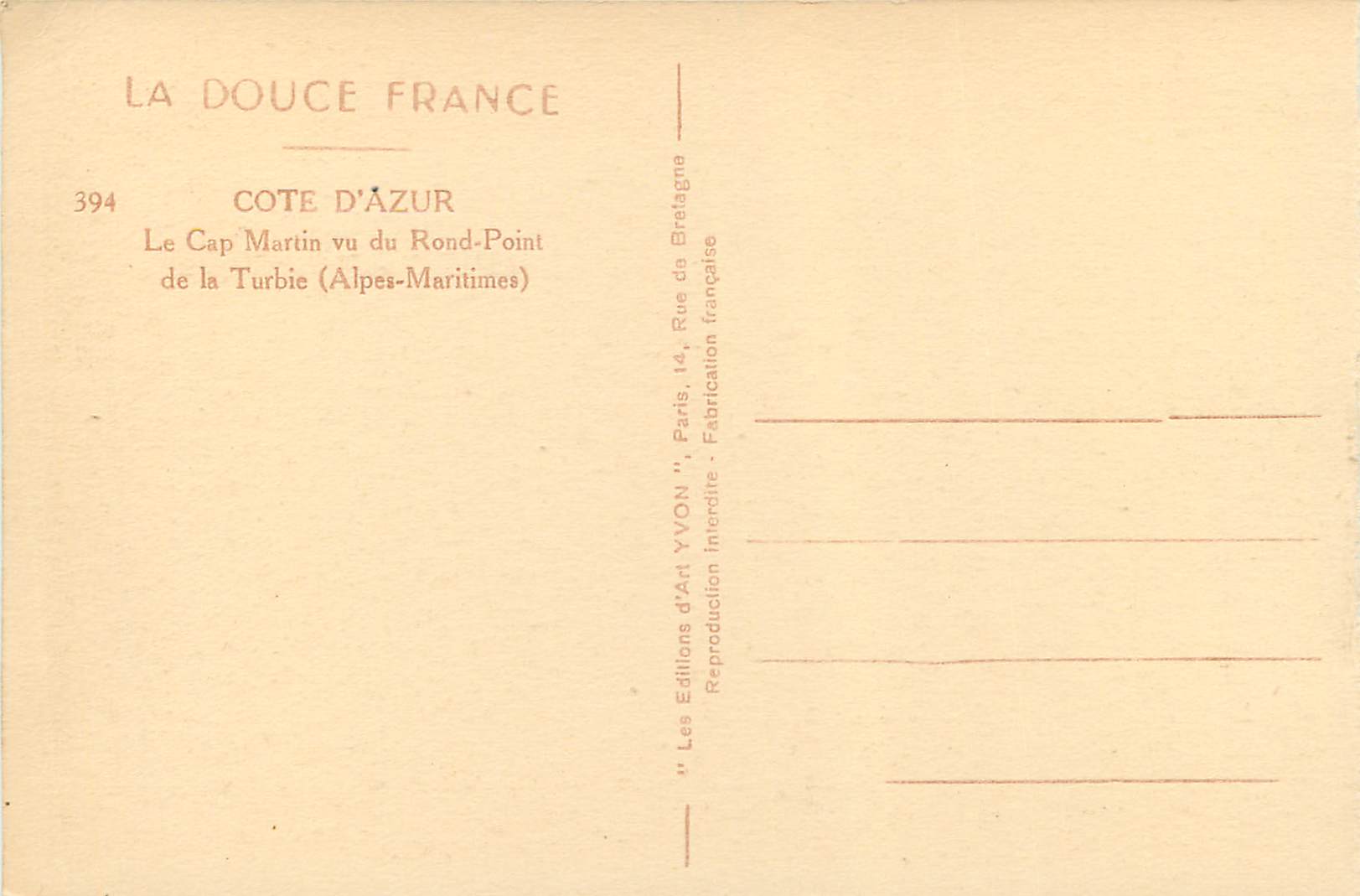 CPA La douce france 394 cote d azur le cap martin vu du rond point de la turbie(alpes maritime) — Rückseite