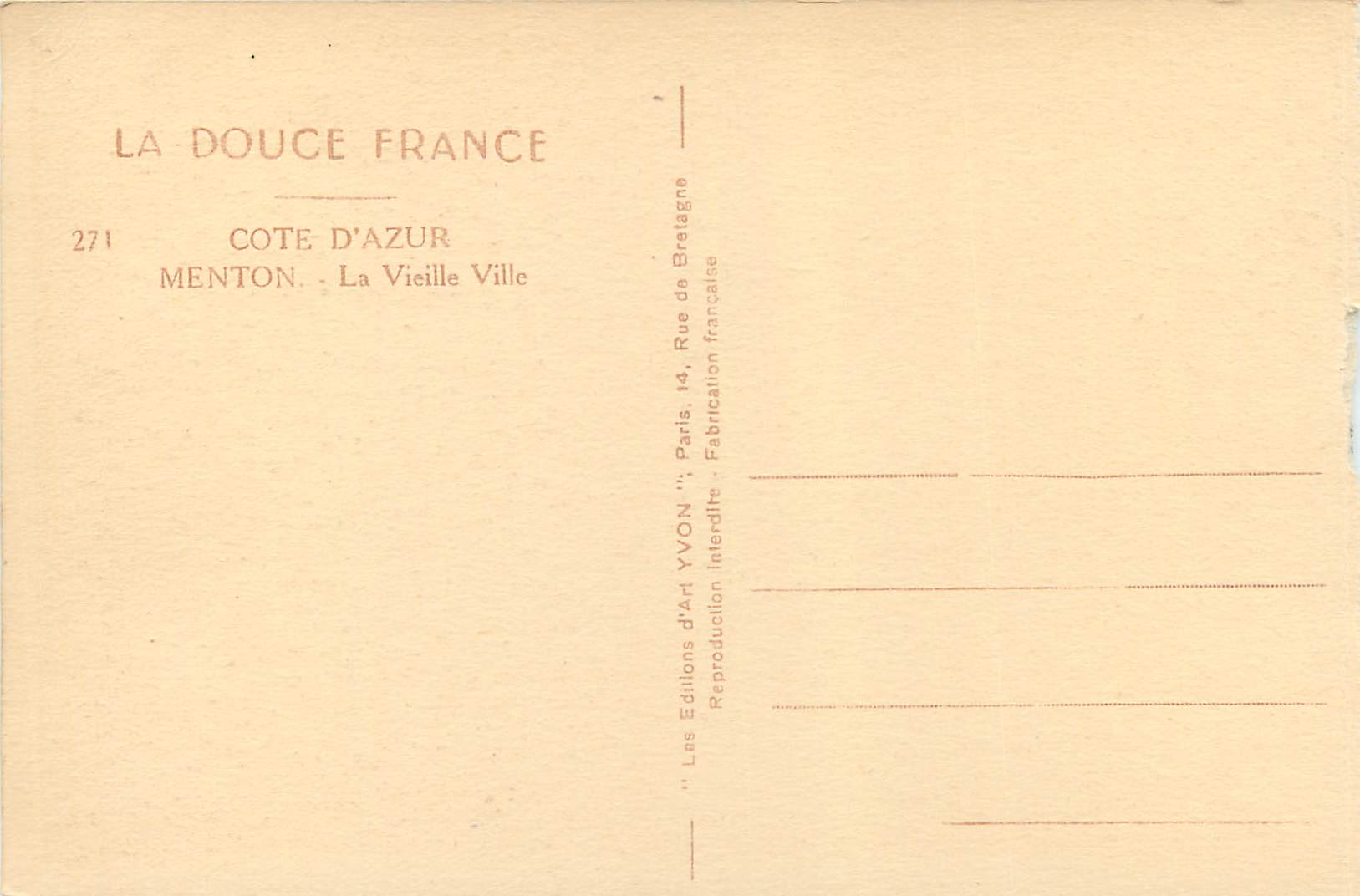 CPA La douce france 271 cote d azur menton la vieille ville — Verso