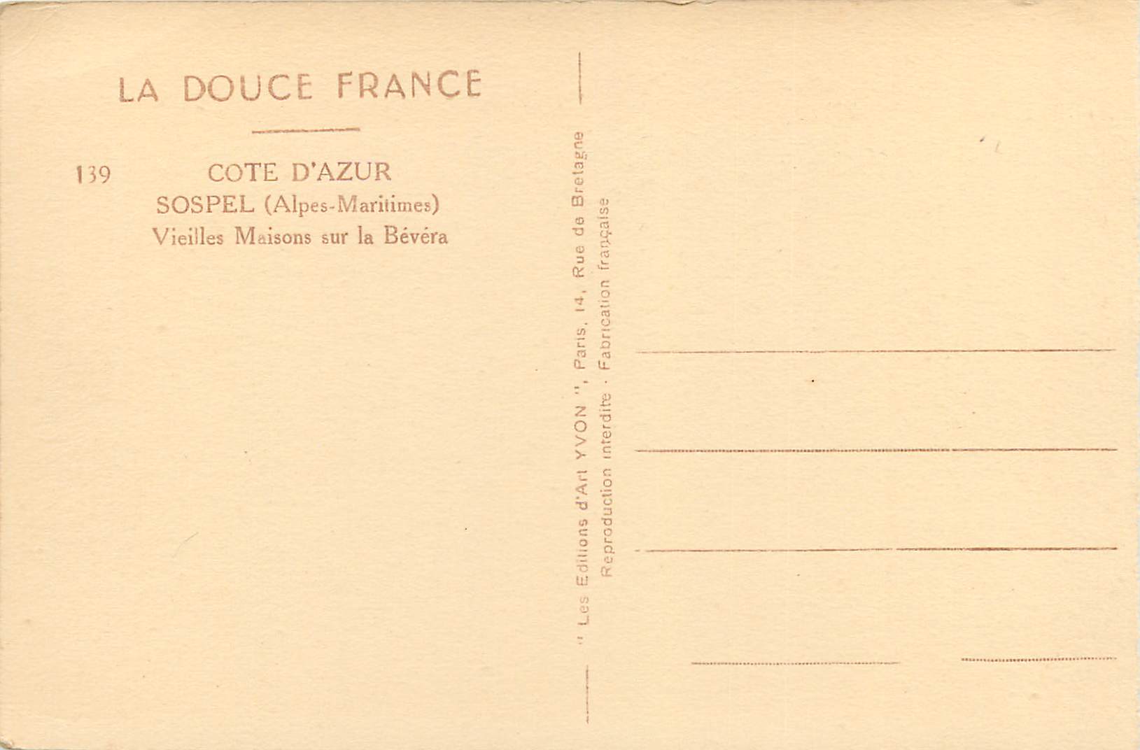 CPA La douce france 139 cote d azur sospel (alpes maritime) vieilles maisons sur la bevera — Rückseite