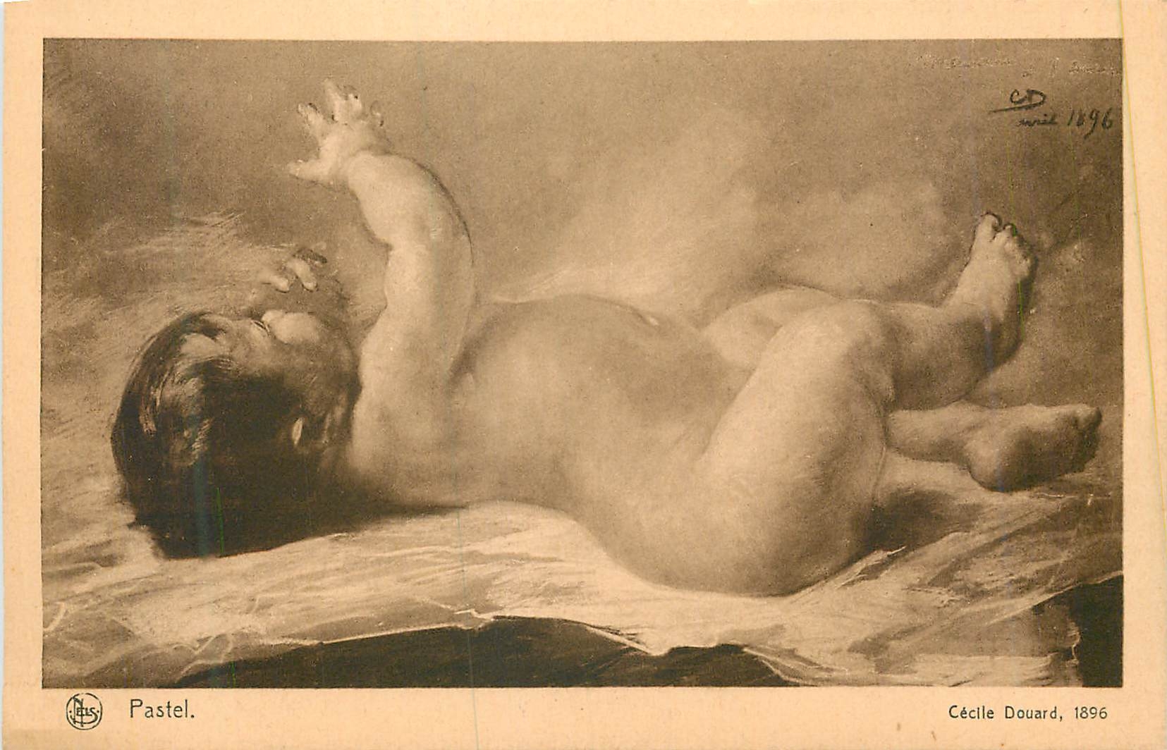 Bébé nu allongé — pastel de Cécile Douard — éditeur N.ELS, n° de série non visible