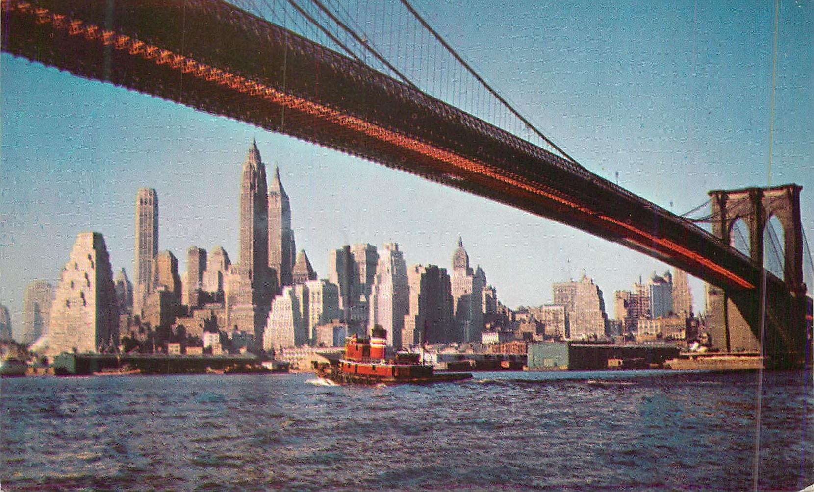 CPM Brooklyn bridge spanning the east river and connecting manhattan Bateau