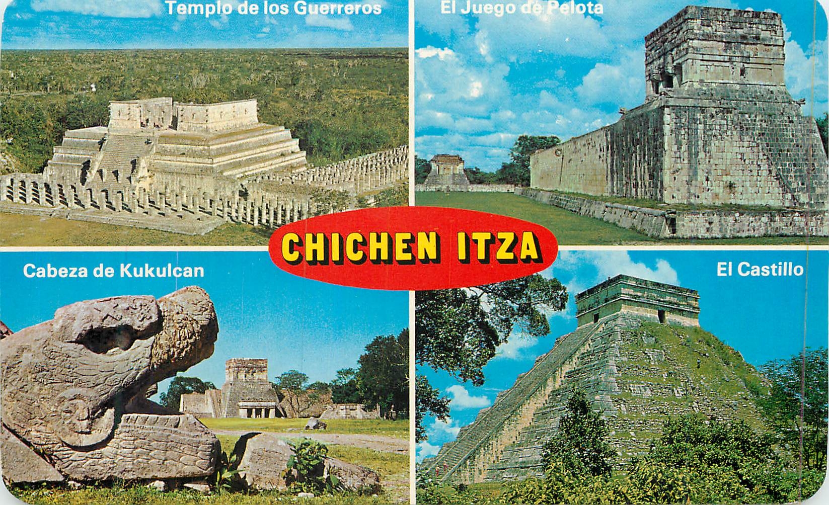 Chichén Itzá — Temple of the Warriors, The Ball Game, Head of Kukulcan, The Castle — publisher Tarjetas Postales