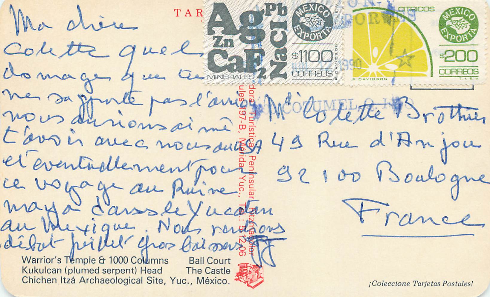 Chichén Itzá — Temple of the Warriors, The Ball Game, Head of Kukulcan, The Castle — publisher Tarjetas Postales — Back