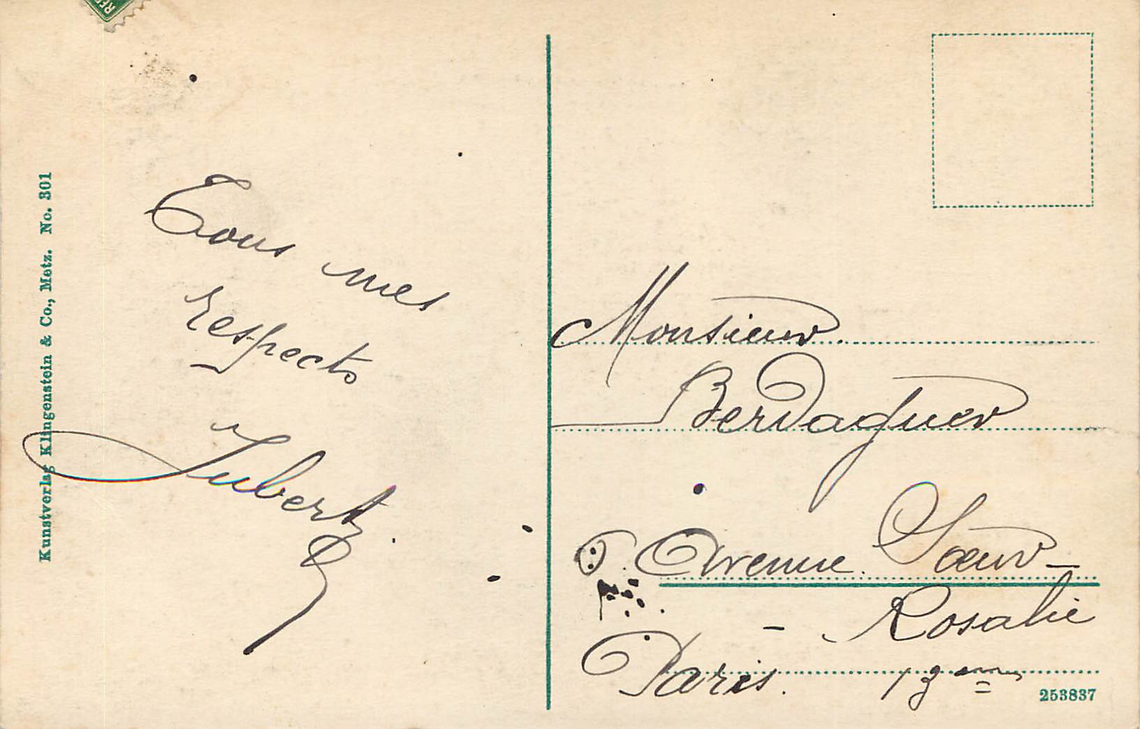 Metz, Deutsches Tor — Porte des Allemands — Kunstverlag Klingenstein & Co., Metz, No. 301 — Back