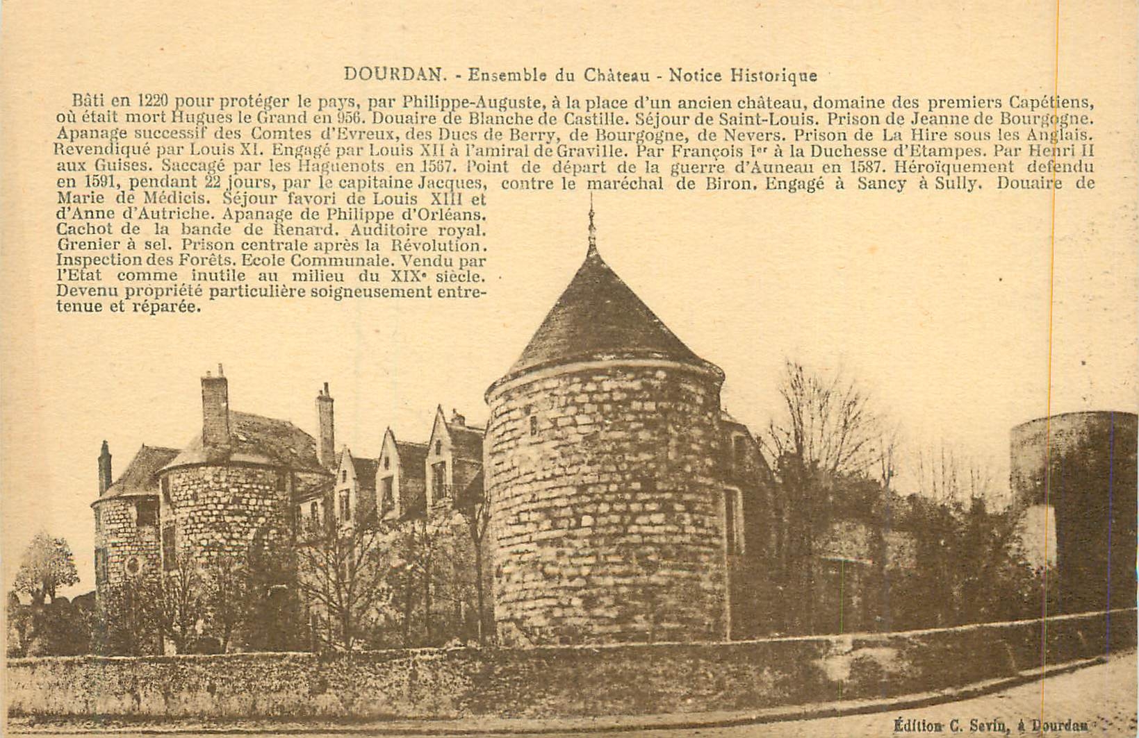 CPA Dourdan Ensemble de Chateau Notice Historique