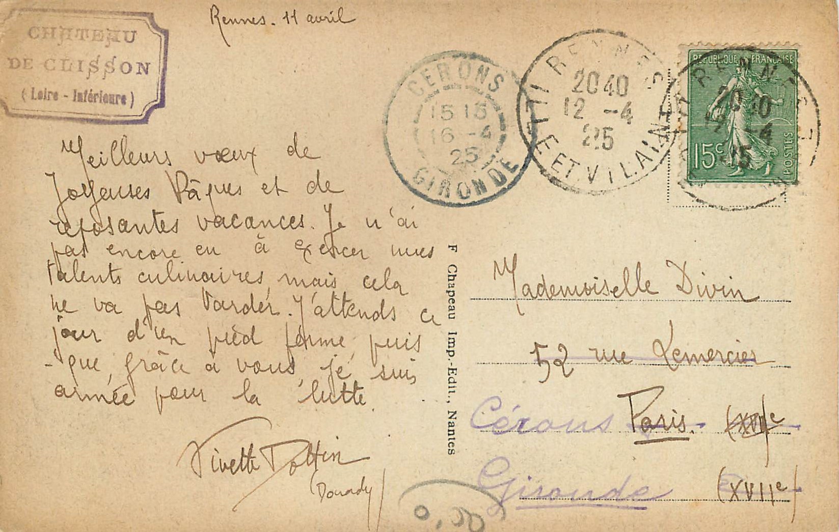 CPA Clisson (Loire Inf) Inferieur du Chateau Les Herses — Rückseite