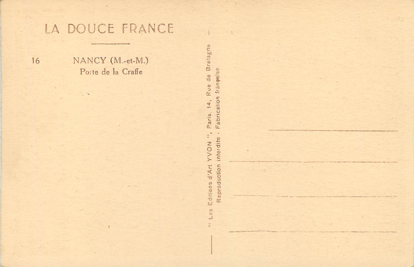CPA Douce de France Nancy (M et M) Porte de la Craffe — Rückseite