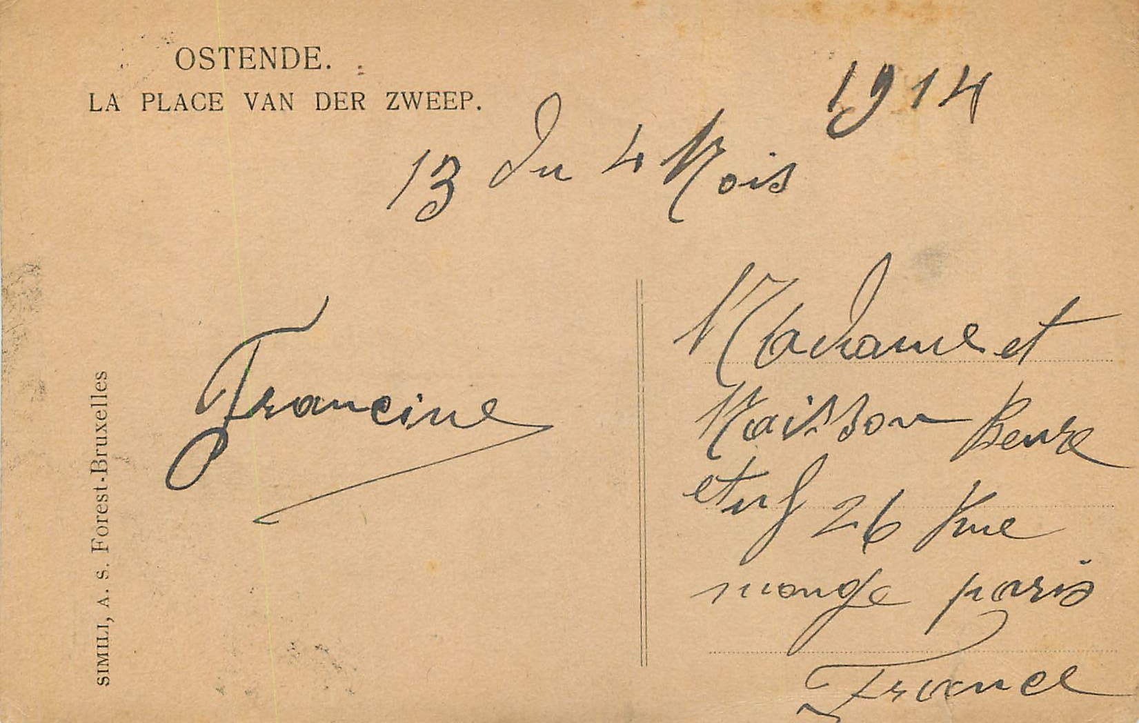 CPA Ostende La Place Van Zweer Tramway — Rückseite