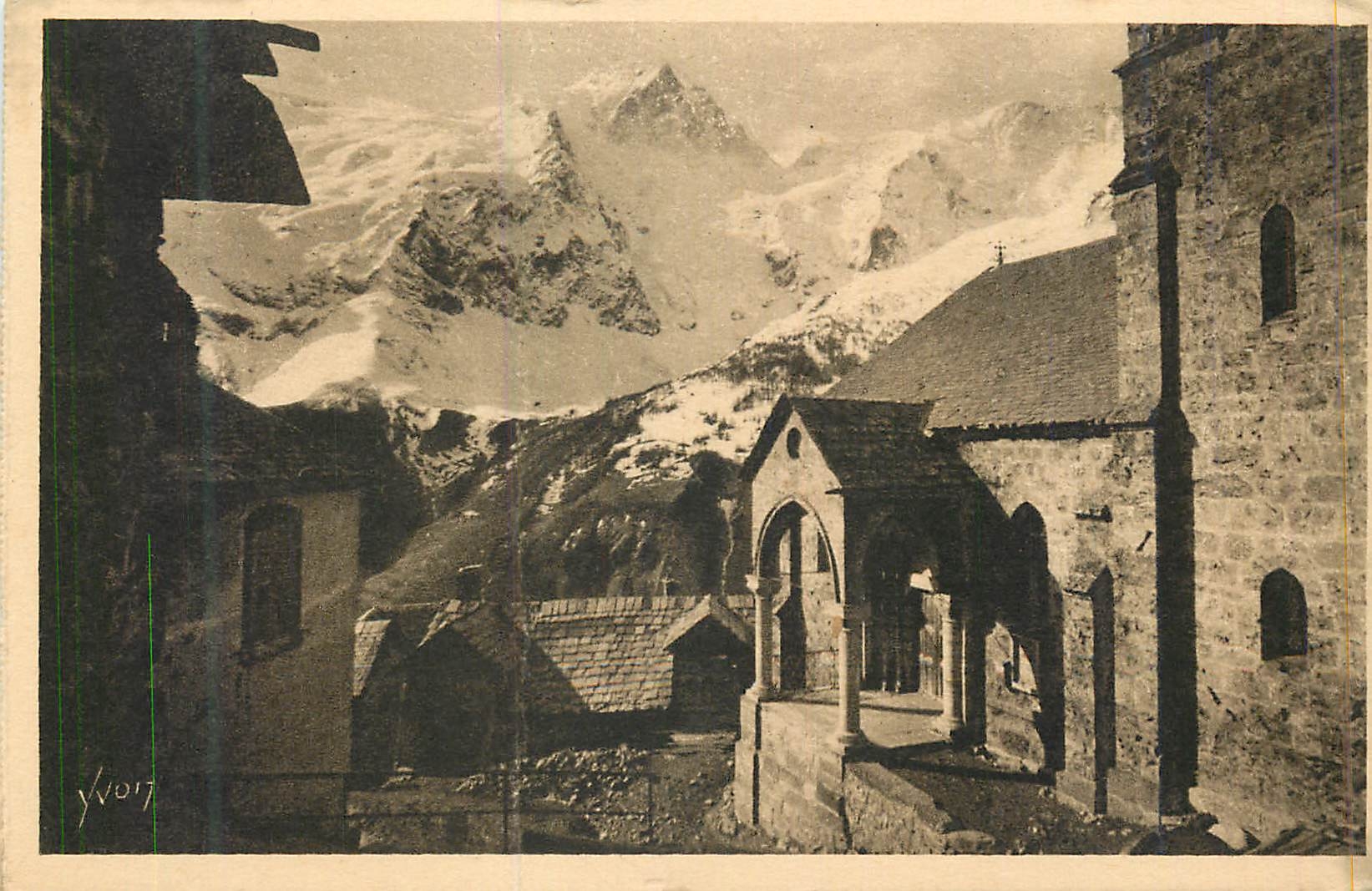 Antike Ansichtskarte Douce de France Die Alpen La Meije (3987 m) Ansicht von den Terrassen ap Erster Plan Die alte romanische Kirche des Dorfes