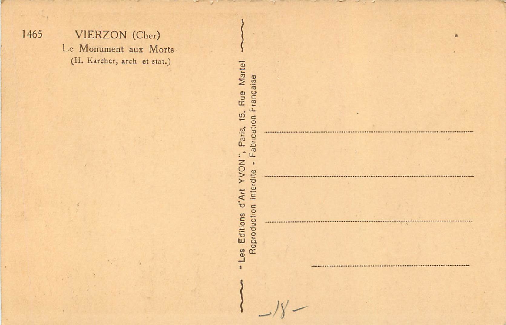 CPA Vierzon (Cher) Le Monument aux Morts (H Karcher Arch et Stat) Militaria — Rückseite