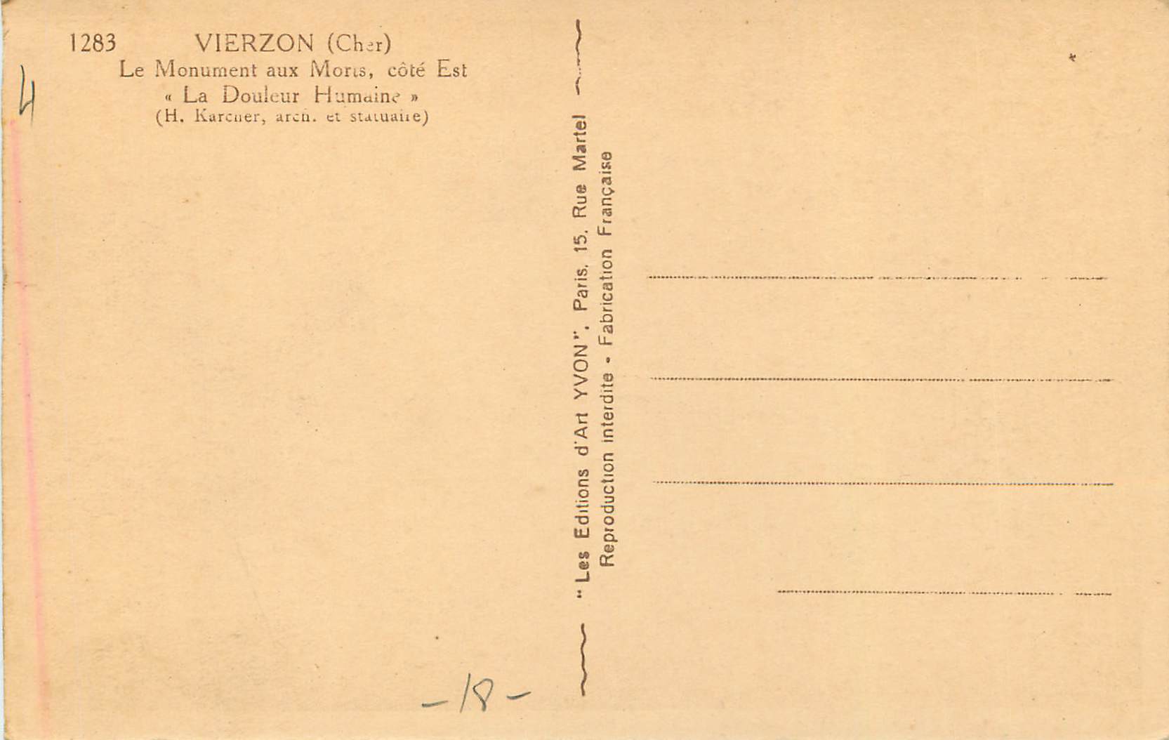Vierzon (Cher) — Le Monument aux Morts, côté Est, « La Douleur Humaine » — Éditions d'Art Yvon, Paris — Rückseite