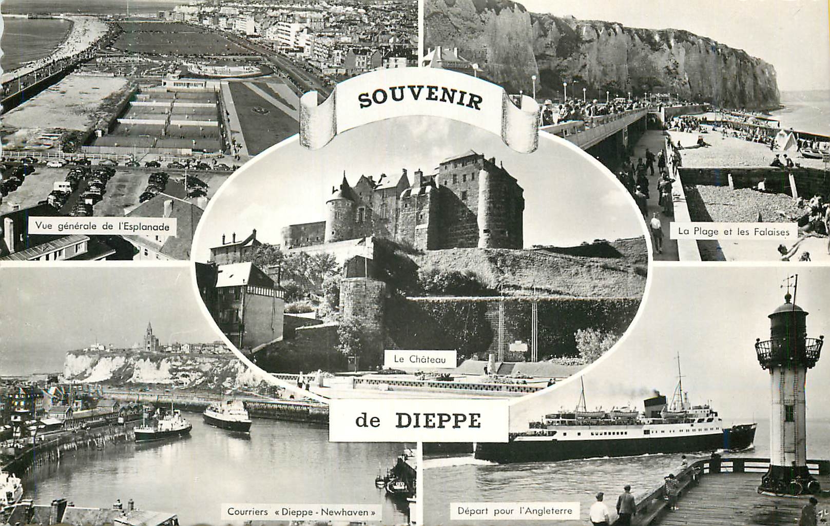 CPM Souvenir de Dieppe Vue generale de l'esplanade La plage et les falaises Depart pour l'Angleterre Courriers Dieppe Ne