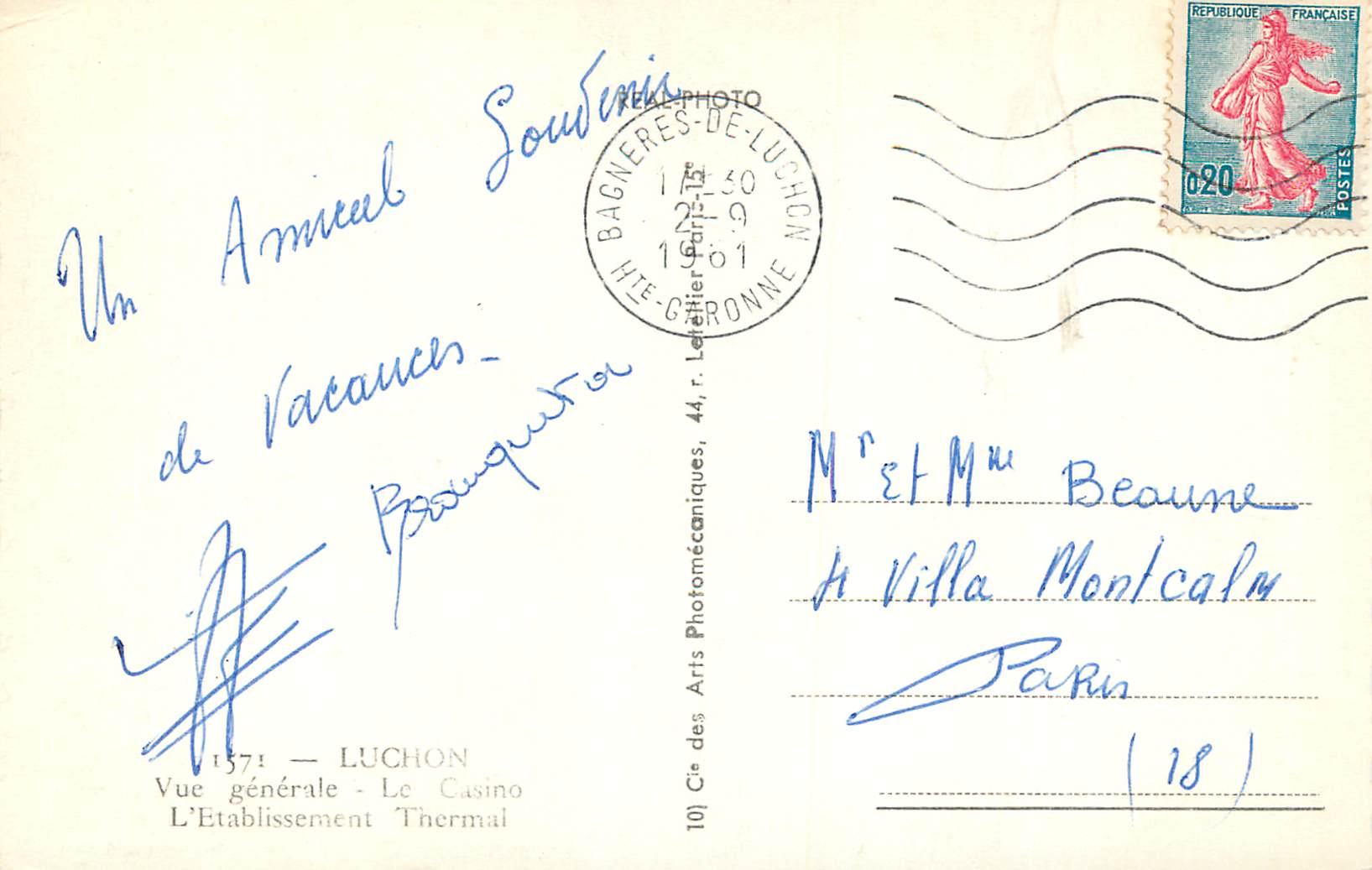 CPM Souvenir de Luchon Vue Generale Le Casino L'Etablissement Thermal — Rückseite