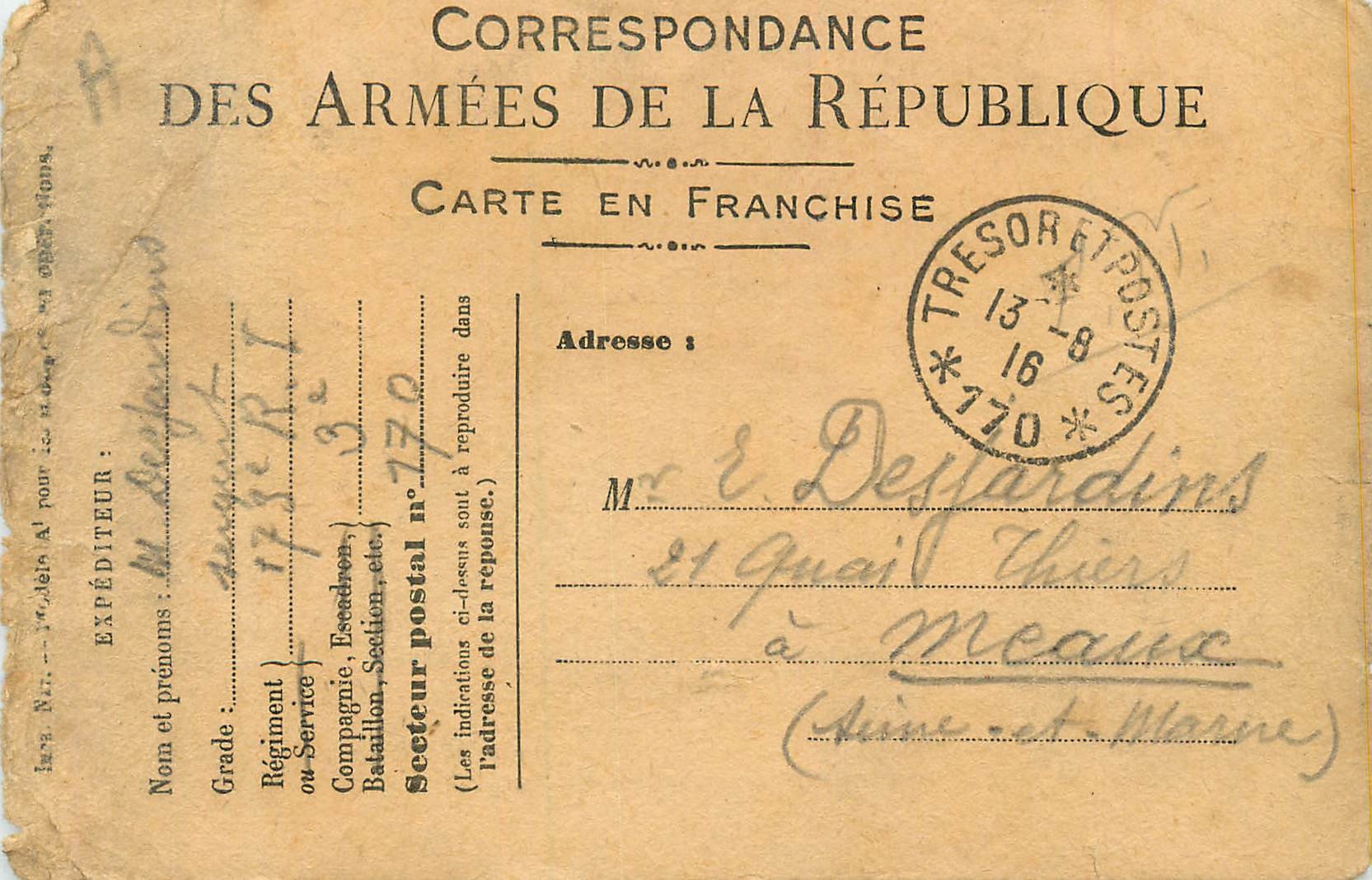 Carte en Franchise pour Desjardins  1916