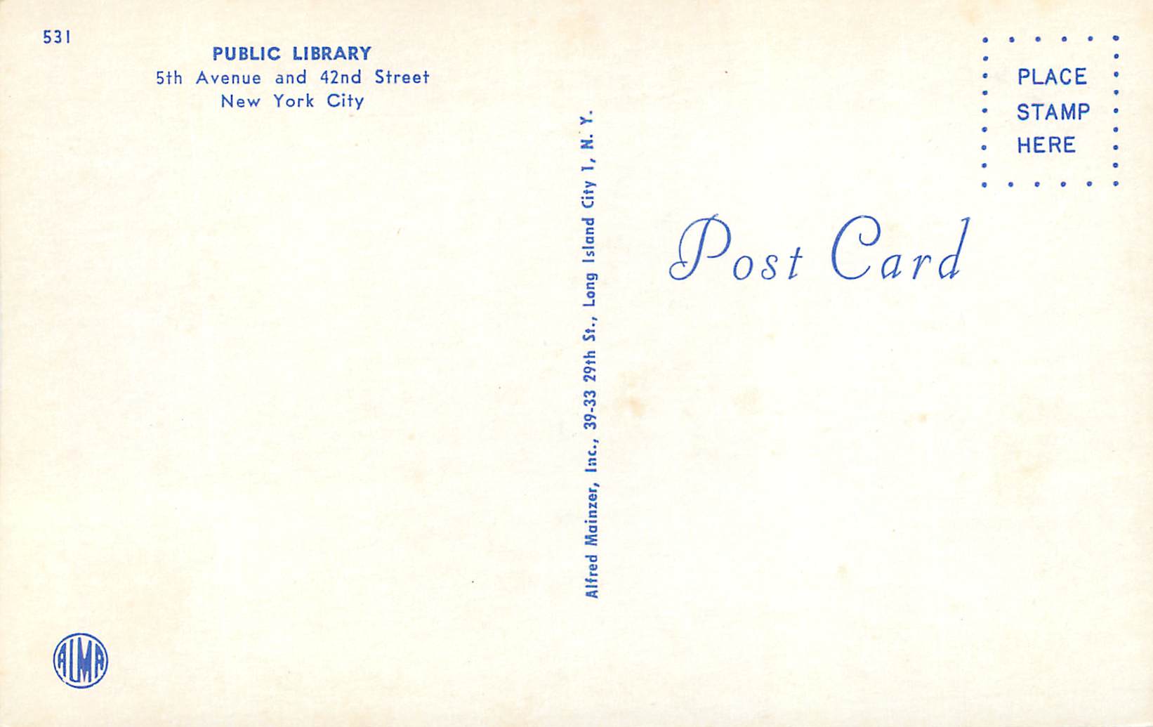 CPM Public Library 5 th Avenue and 42nd Street New York City — Rückseite