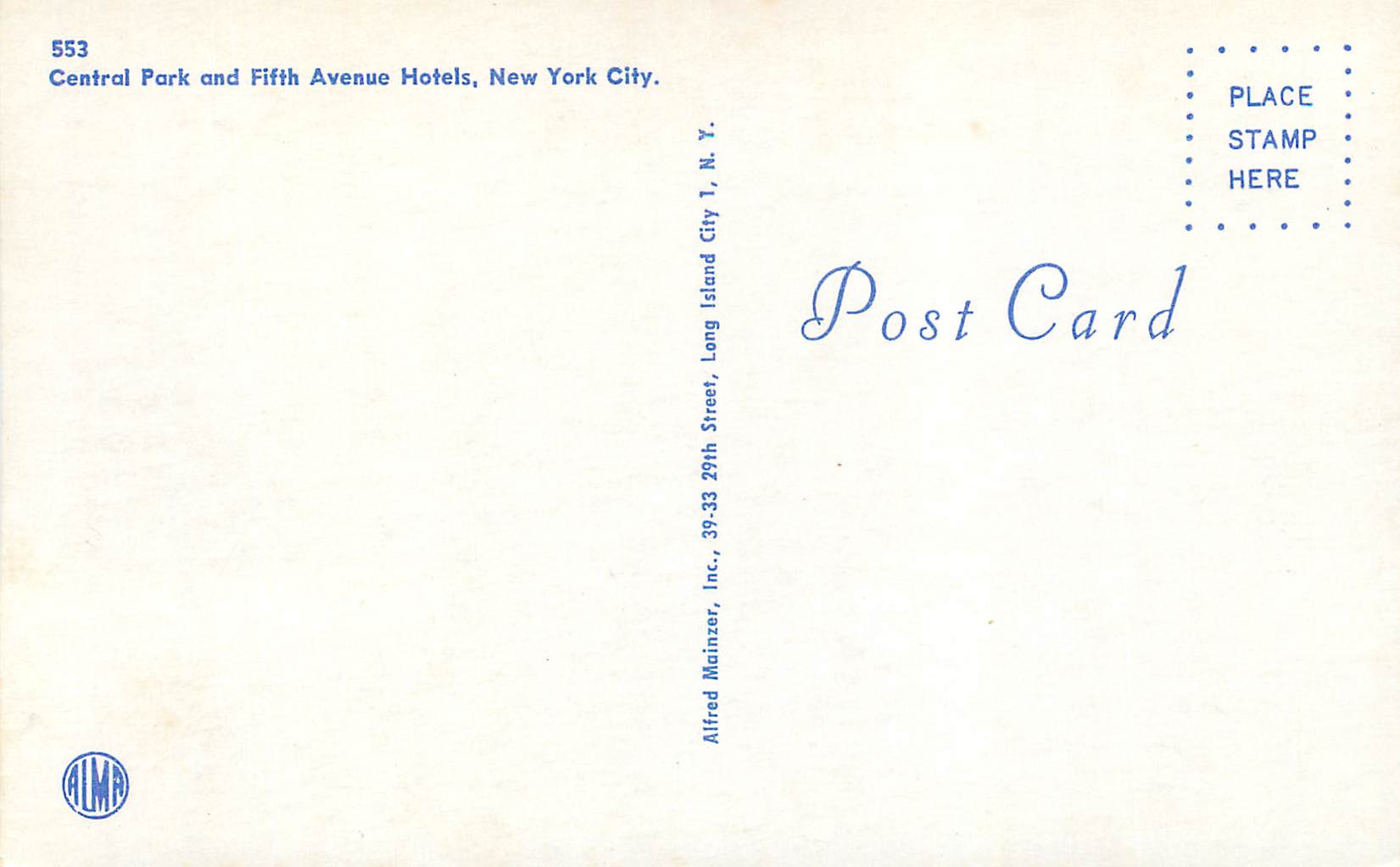CPM Central Park and Fifth Avenue Hatels New York City — Rückseite