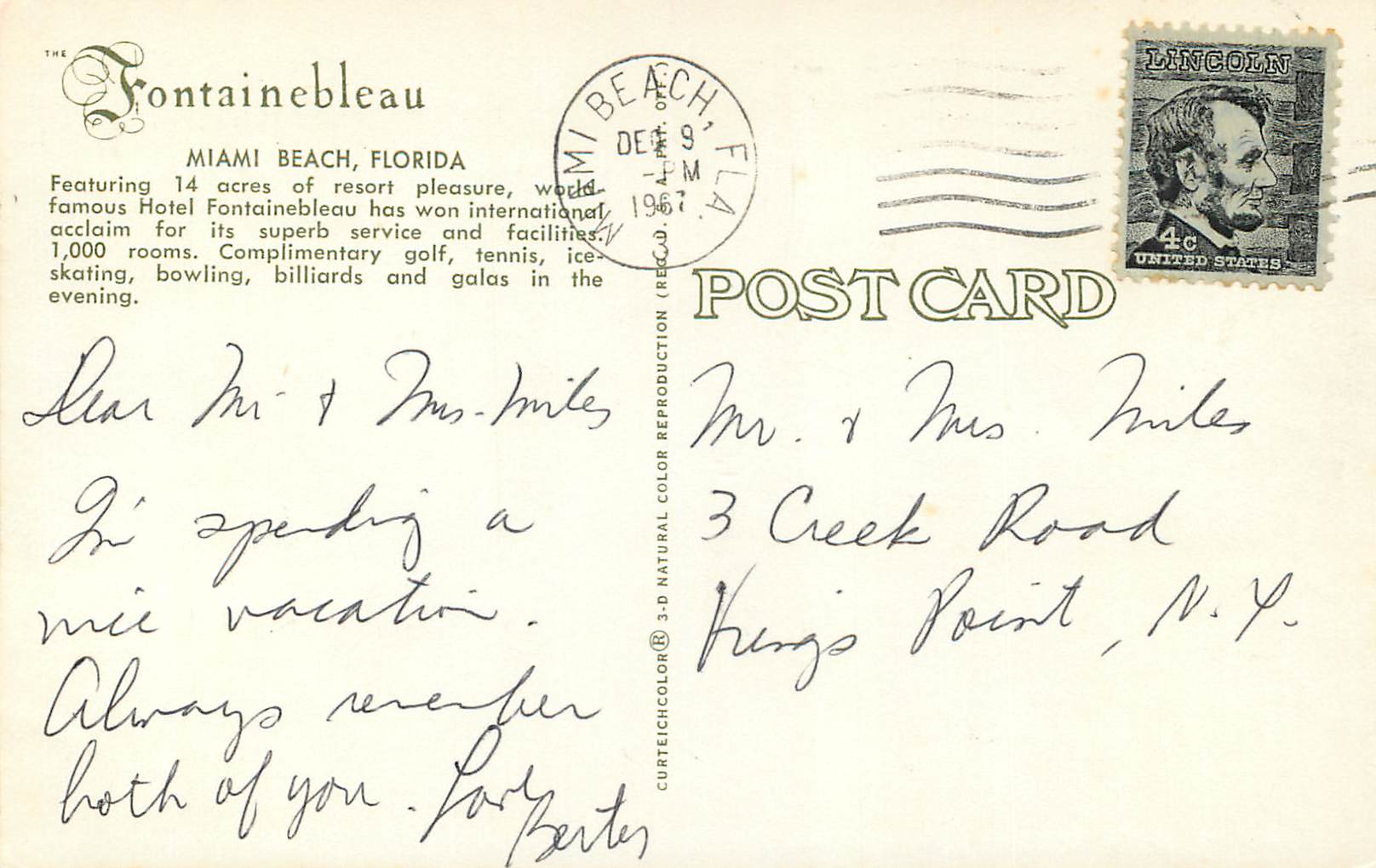 Fontainebleau Hotel — Miami Beach, Florida — Curteich — Rückseite