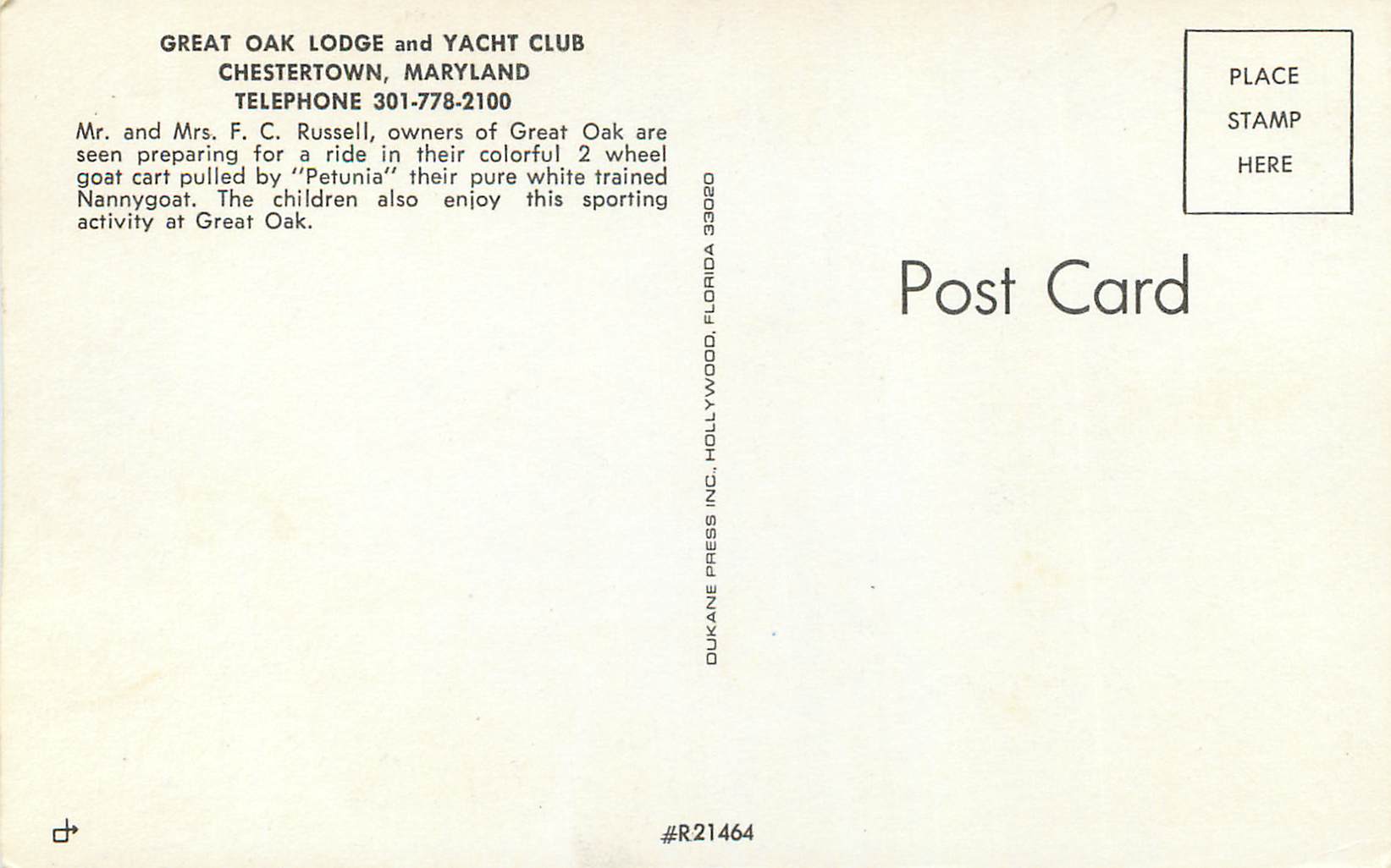 CPM Great Oak Lodge and Yacht Club Chestertown Maryland Chevre — Back