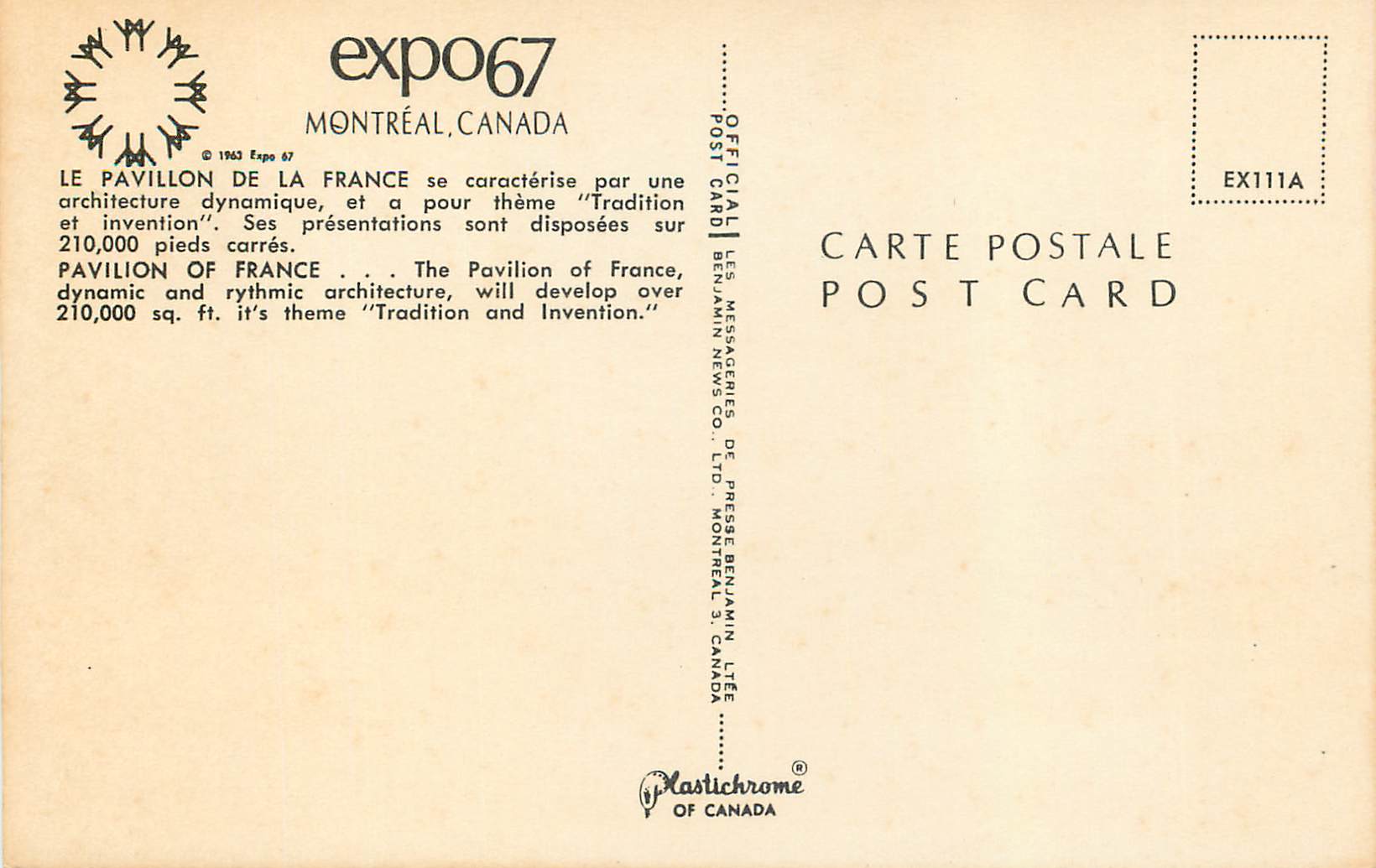 CPM Montreal Canada Exp 67 Le Pavillon de la France — Rückseite