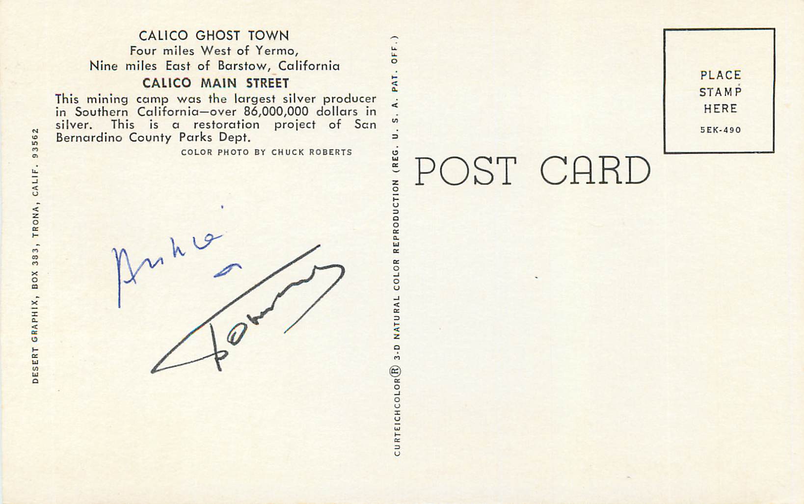 CPM Calico Ghost Town Four Miles West o Yerma Nine Miles East of Borslow California Calico Main Street — Back