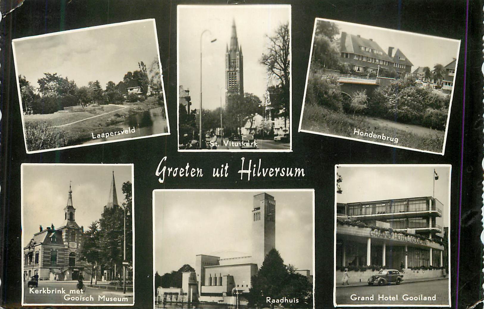 CPM Groeten uit Hilversum Laapersveld Handenbrug Kerkbrink met Goolsch Museum Raadhuits Grand Hotel Goolland 