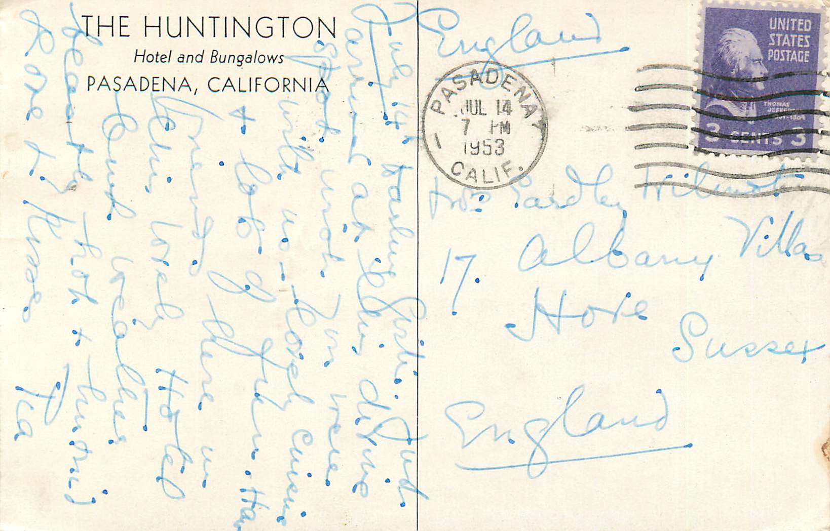 CPA the Huntington Hotel and Bungalows Pasadena California — Rückseite