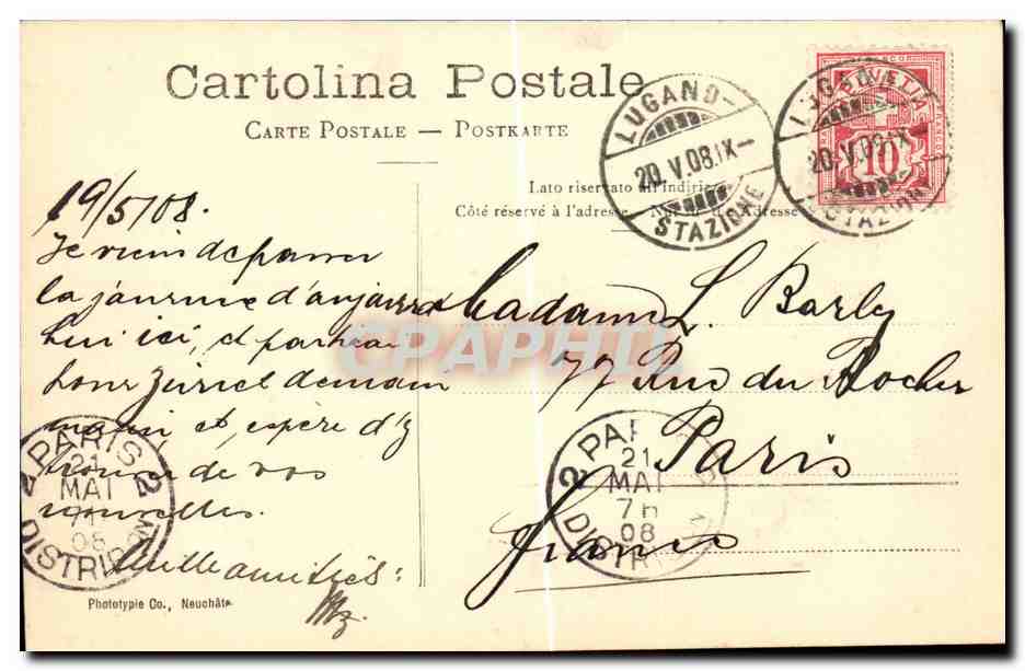 CPA Suisse Lugano Villa CAstagnola — Rückseite