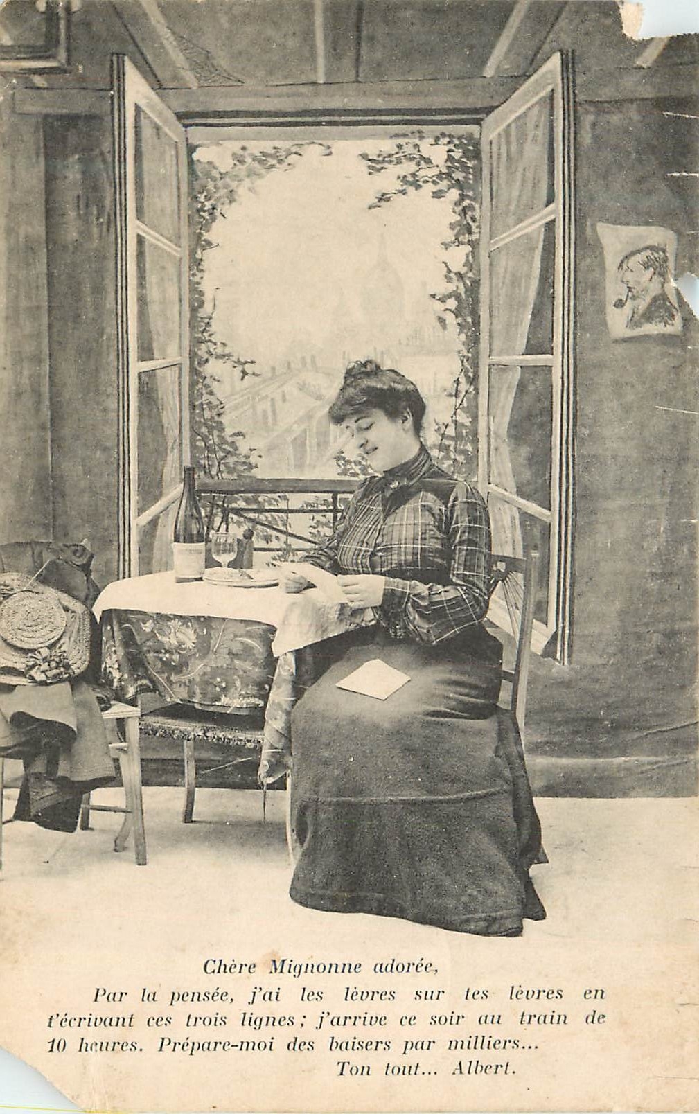 Femme au balcon — scène de correspondance amoureuse — éditeur non identifié