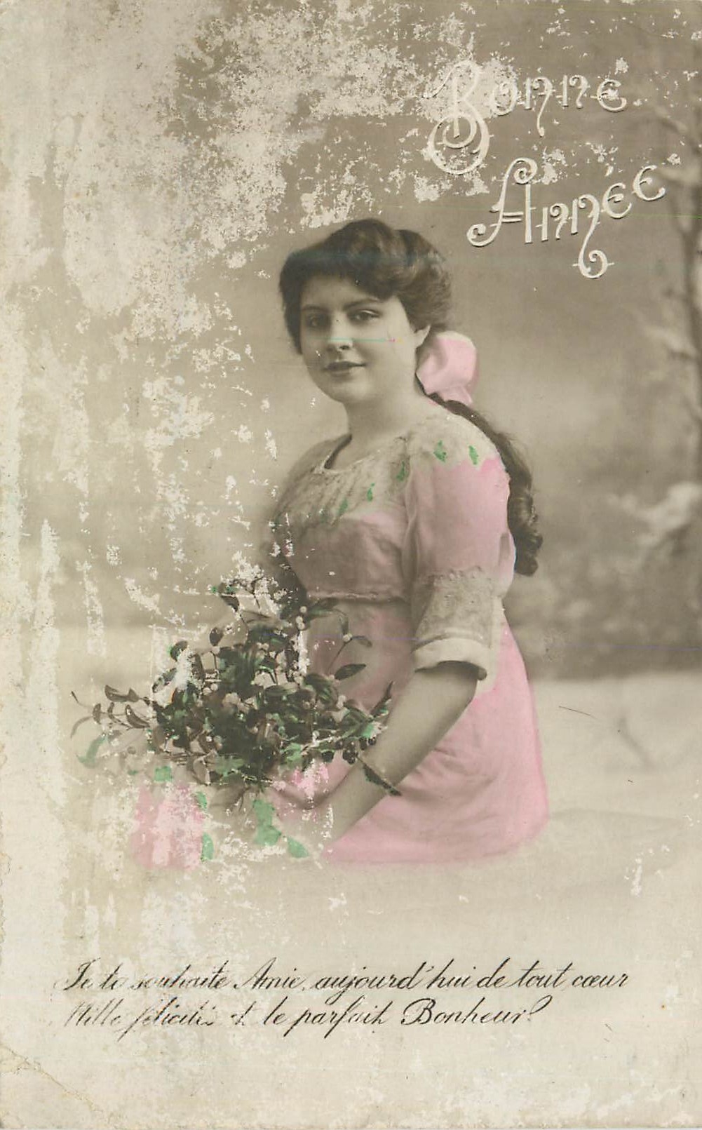Jeune femme en robe rose — Bonne Année 1917 — Permainain