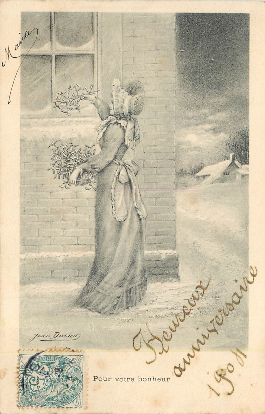 Femme tenant des brindilles de genévrier — Félicitations d'anniversaire — Jean Dacier, n° 1904
