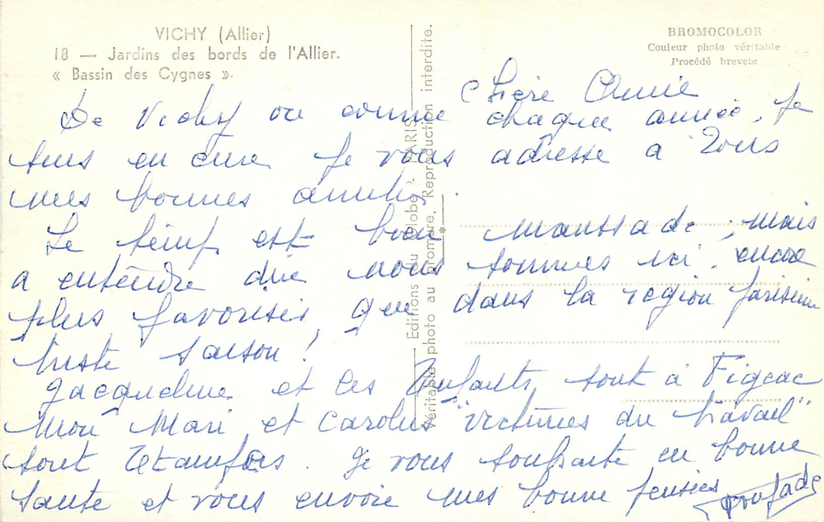 CPM Vichy (Allier) Jardin des Bords de l'Allier Bassin des Cygnes — Rückseite