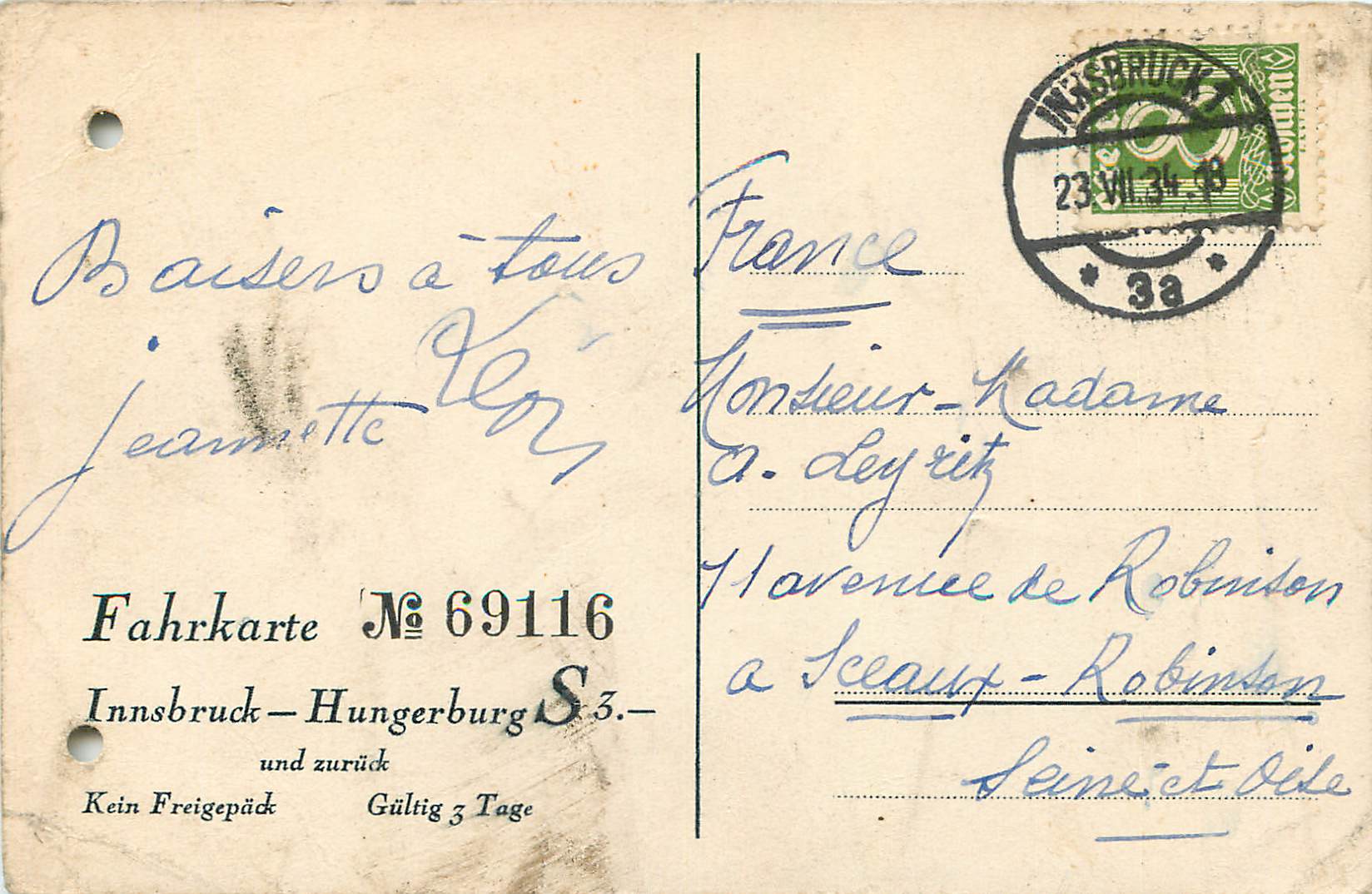 CPA Innbruck Hungerburgbahn und zuruck — Rückseite