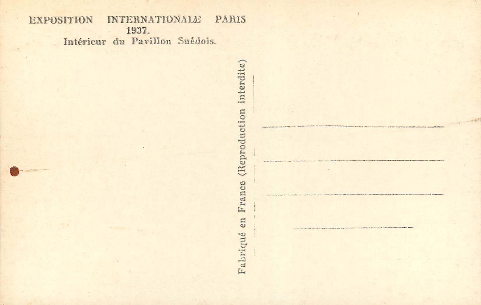 CPM Exposition Internationale Paris 1937 Interieur du Pavillon Suedois — Rückseite