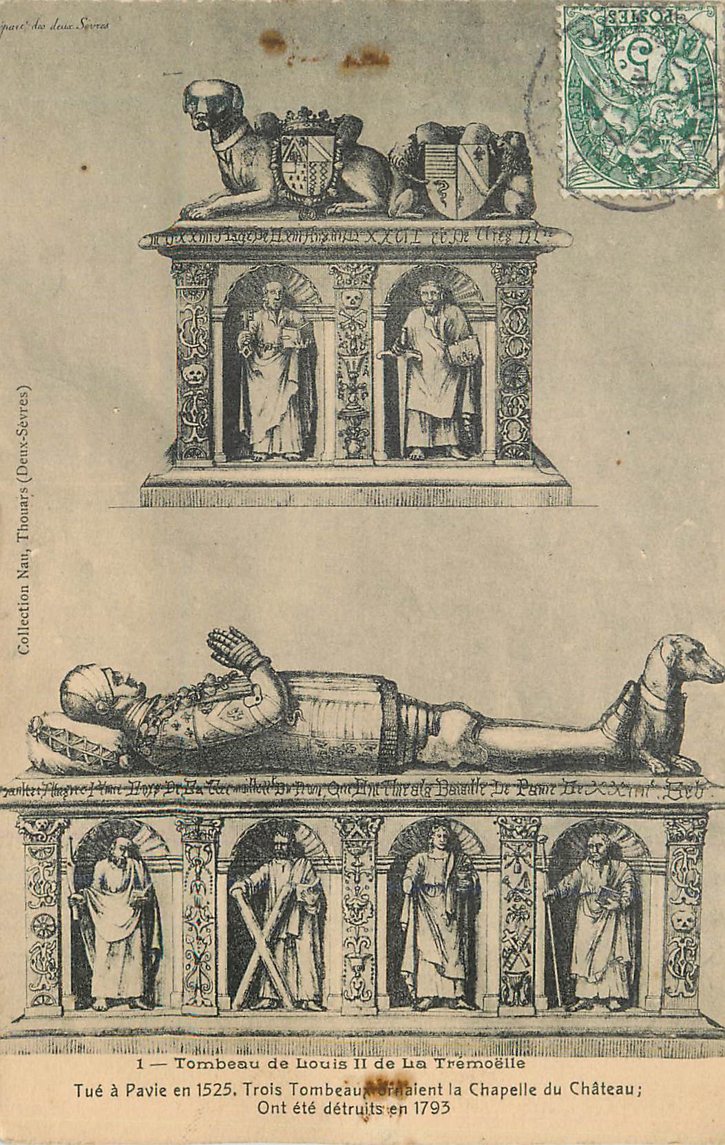 Tombeau de Louis II de La Trémoïlle — Tué à Pavie en 1525, Trois Tombeaux détruits en 1793 — Collection Nani, Thonars (Dens-Sévres)