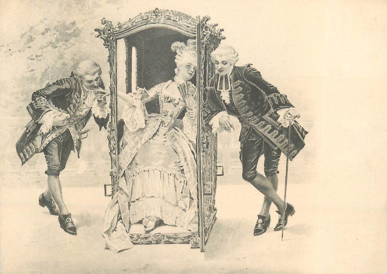 Scène de cour à la mode de Louis XV — Deux hommes en costume d'époque s'inclinent devant une femme assise dans un fauteuil — Éditeur Levelezó-Lap, n° 158