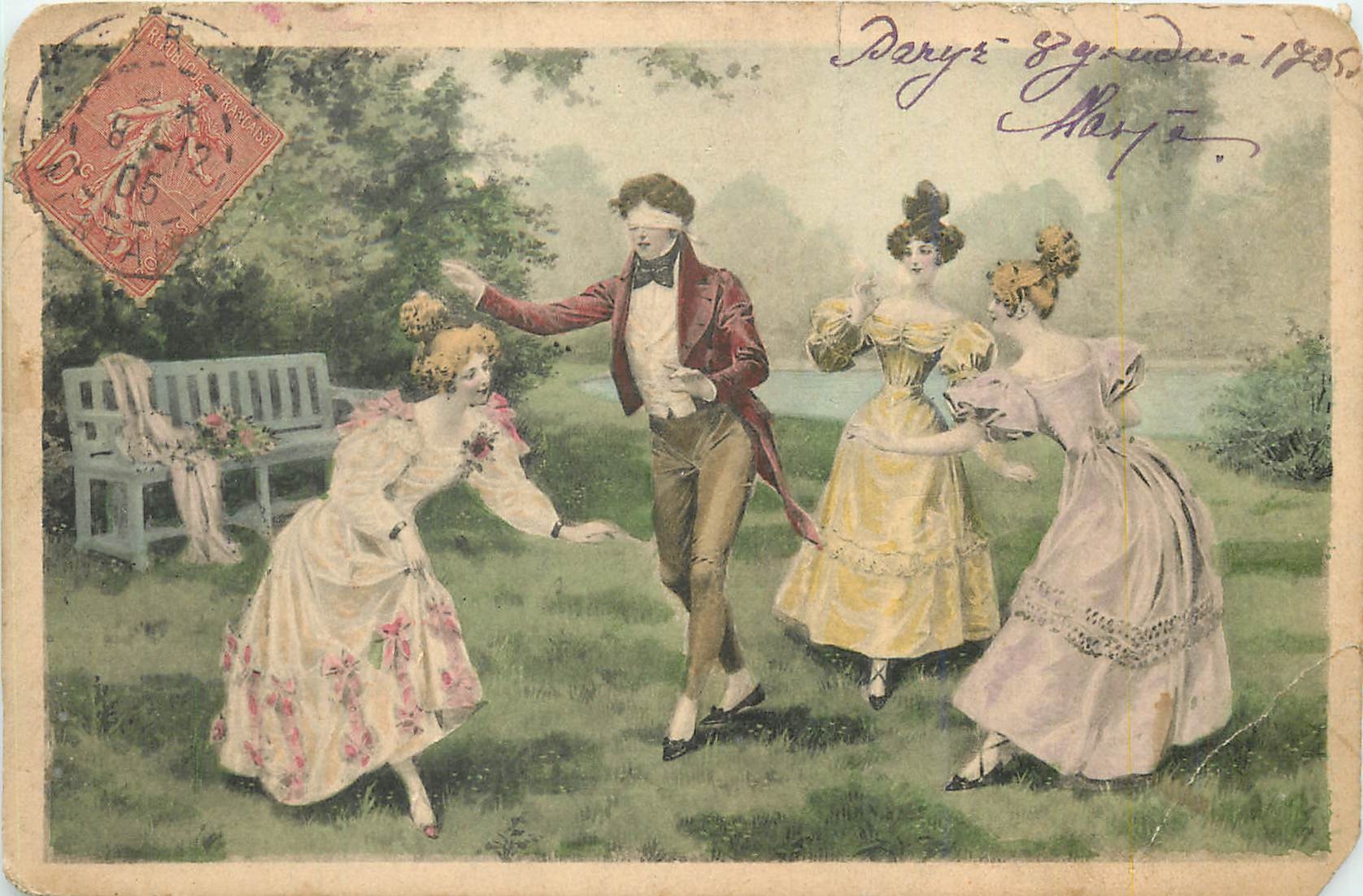 Jeux de cache-cache en parc — scène de jardin — éditeur M. M. VIENNE, n° 152