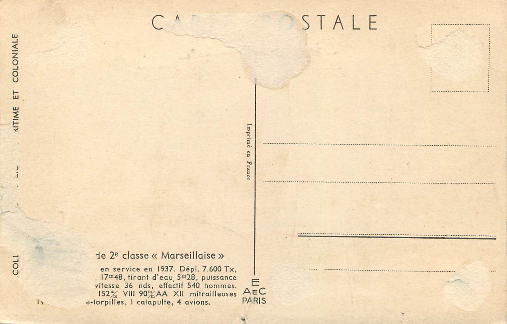CPA De 2e Classe Marseillaise Torpilleur Francaise — Verso