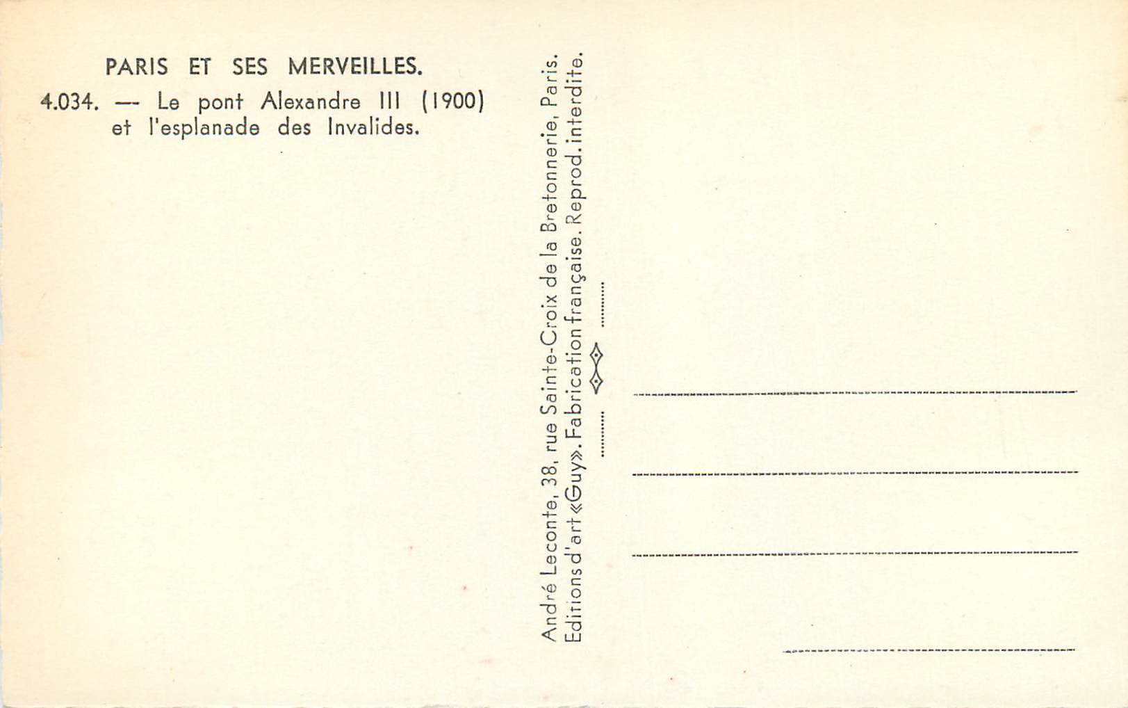 CPM Paris et Ses Merveilles Le Pont Alexandre III (1900) et L'Esplanade des Invalides — Rückseite