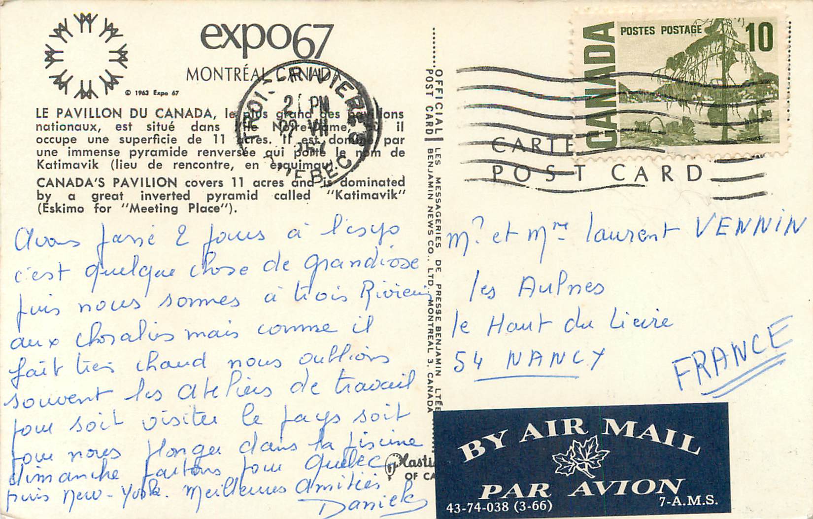 CPM Montreal Canada Le Pavillon du Canada Expo 67 — Rückseite