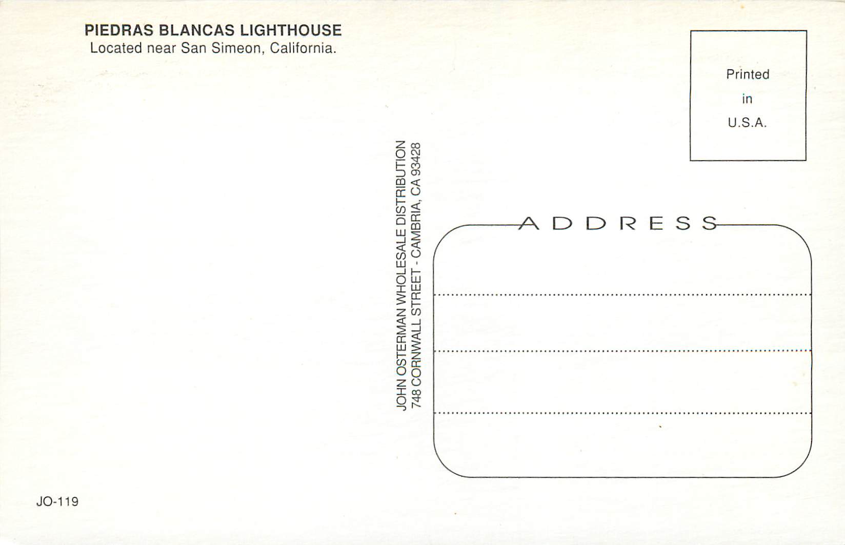 CPM Piedras Blancas Lighthouse Located Near San Simeon California — Back